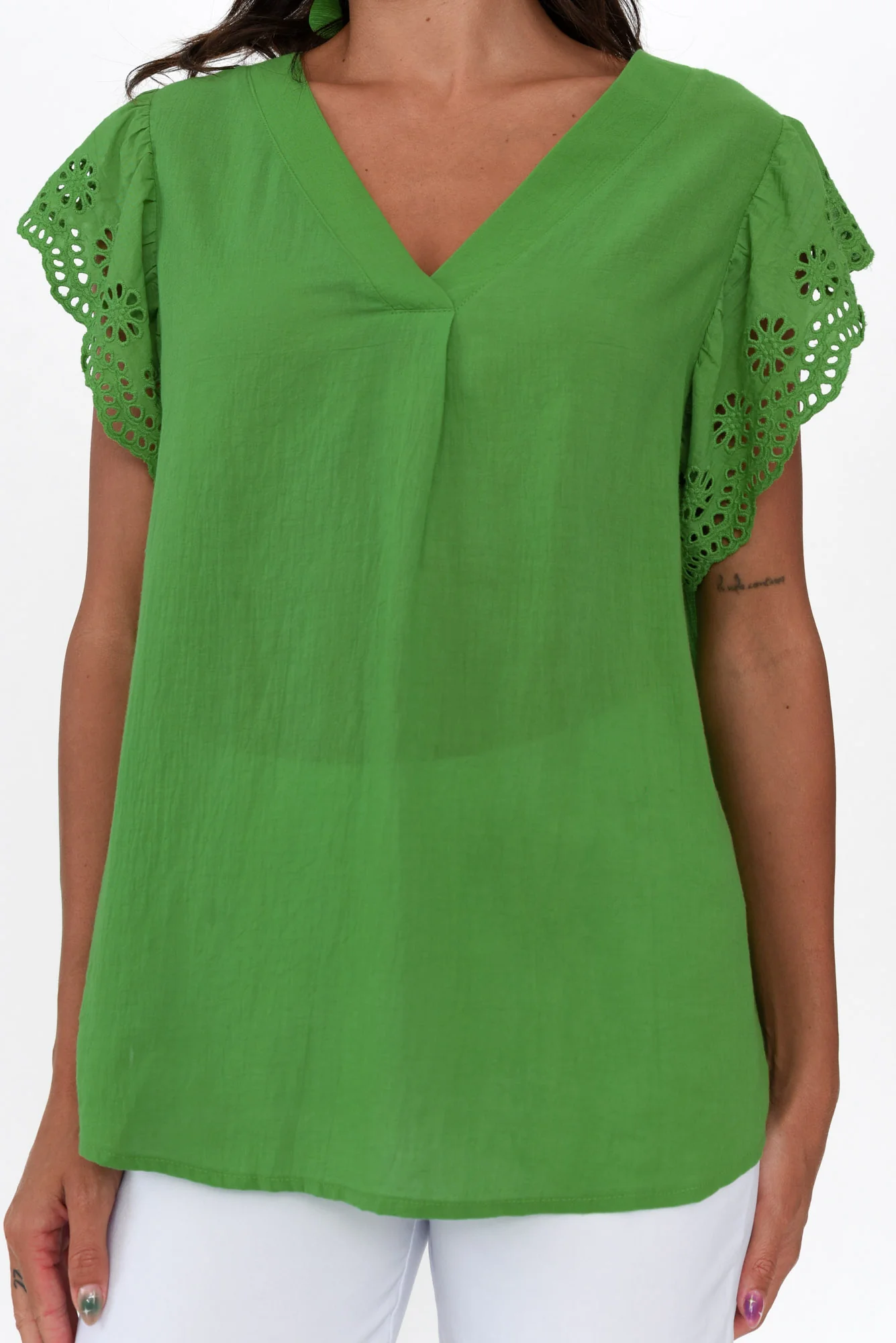 Ariel Green Cotton Embroidered Sleeve Top