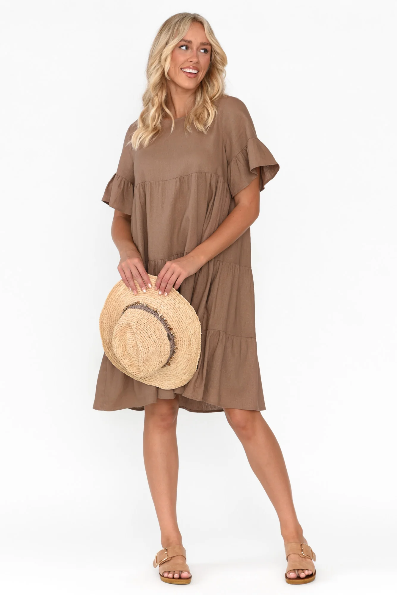 Azura Chocolate Linen Blend Tiered Dress