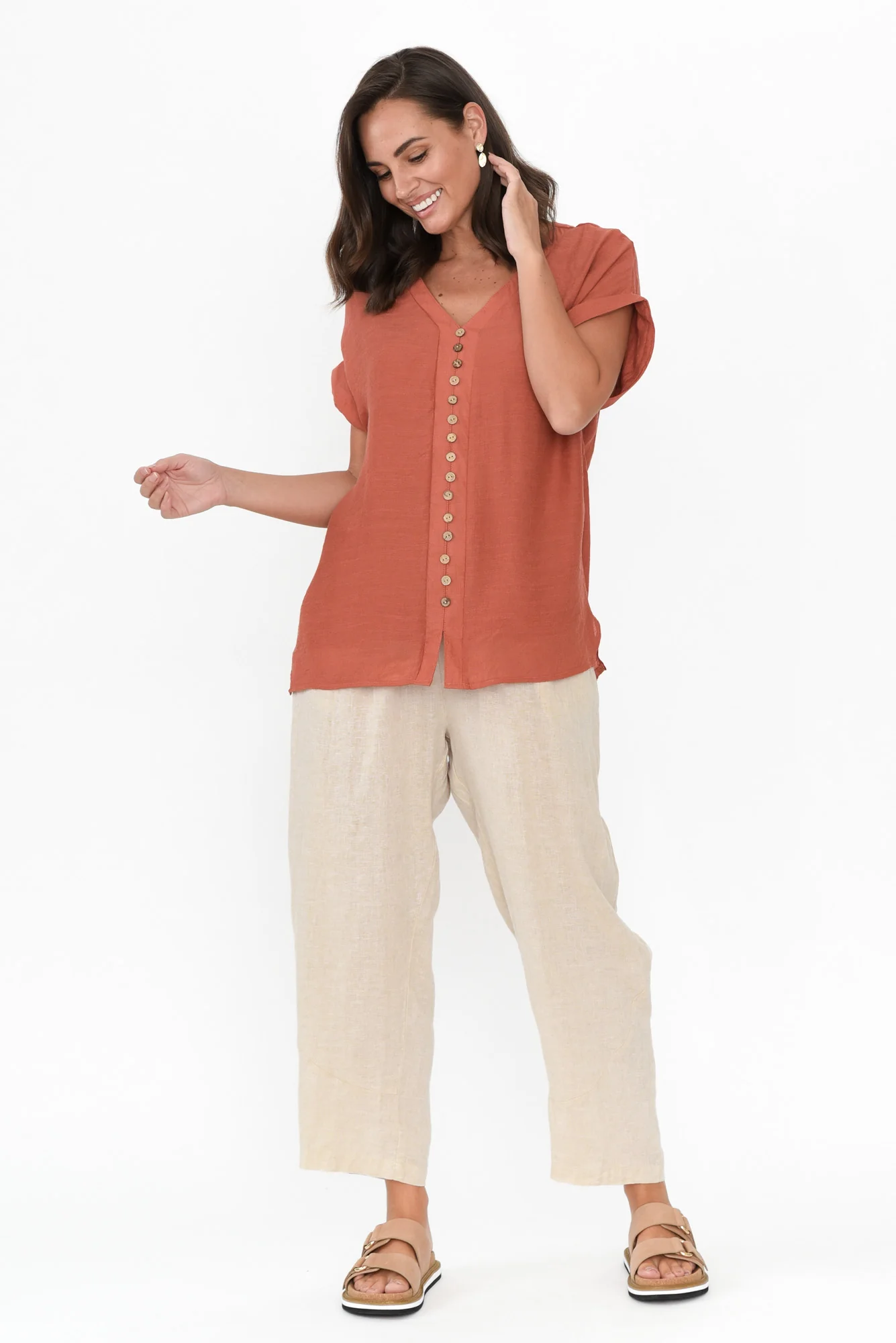 Miray Rust Cotton Blend Button Top