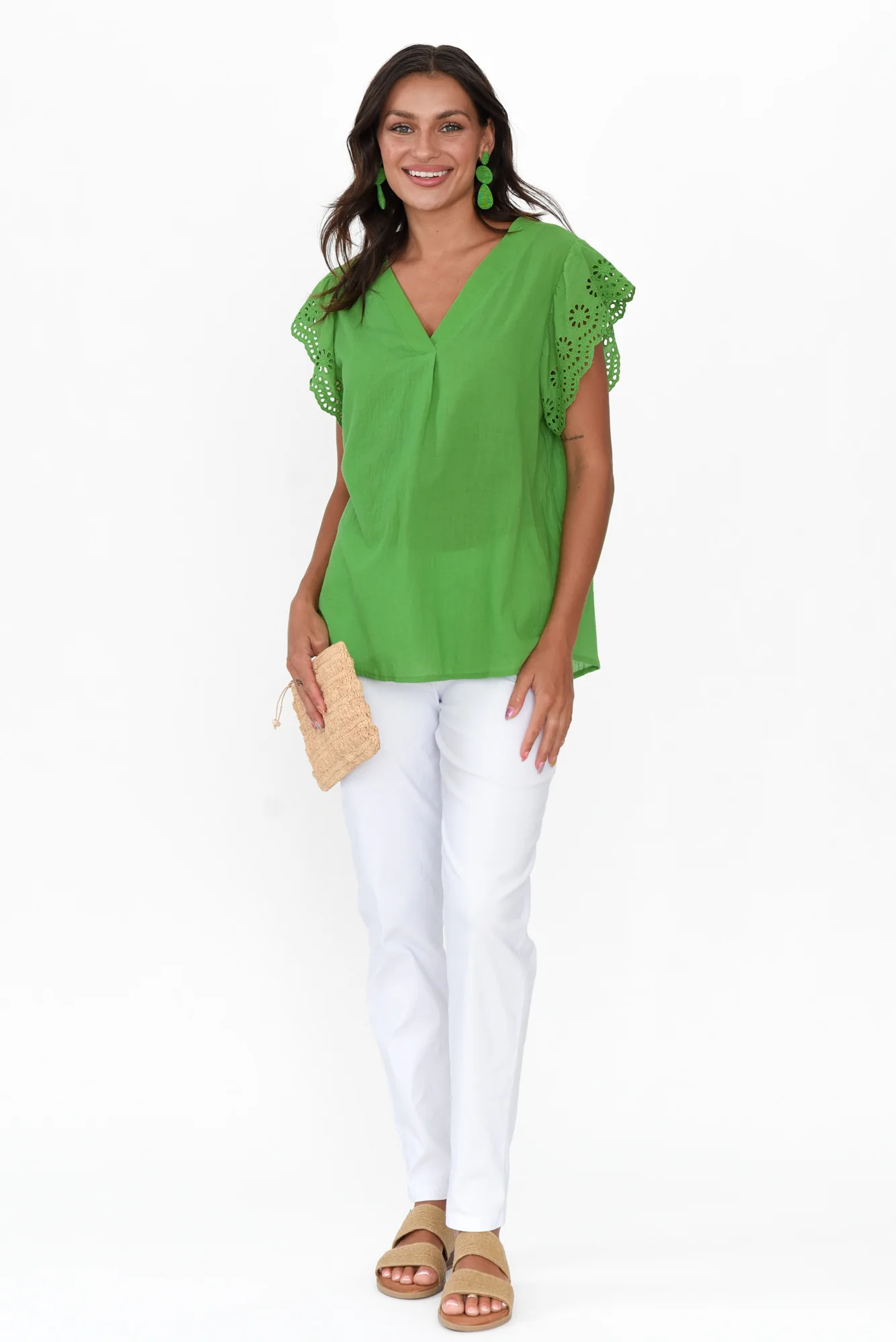 Ariel Green Cotton Embroidered Sleeve Top