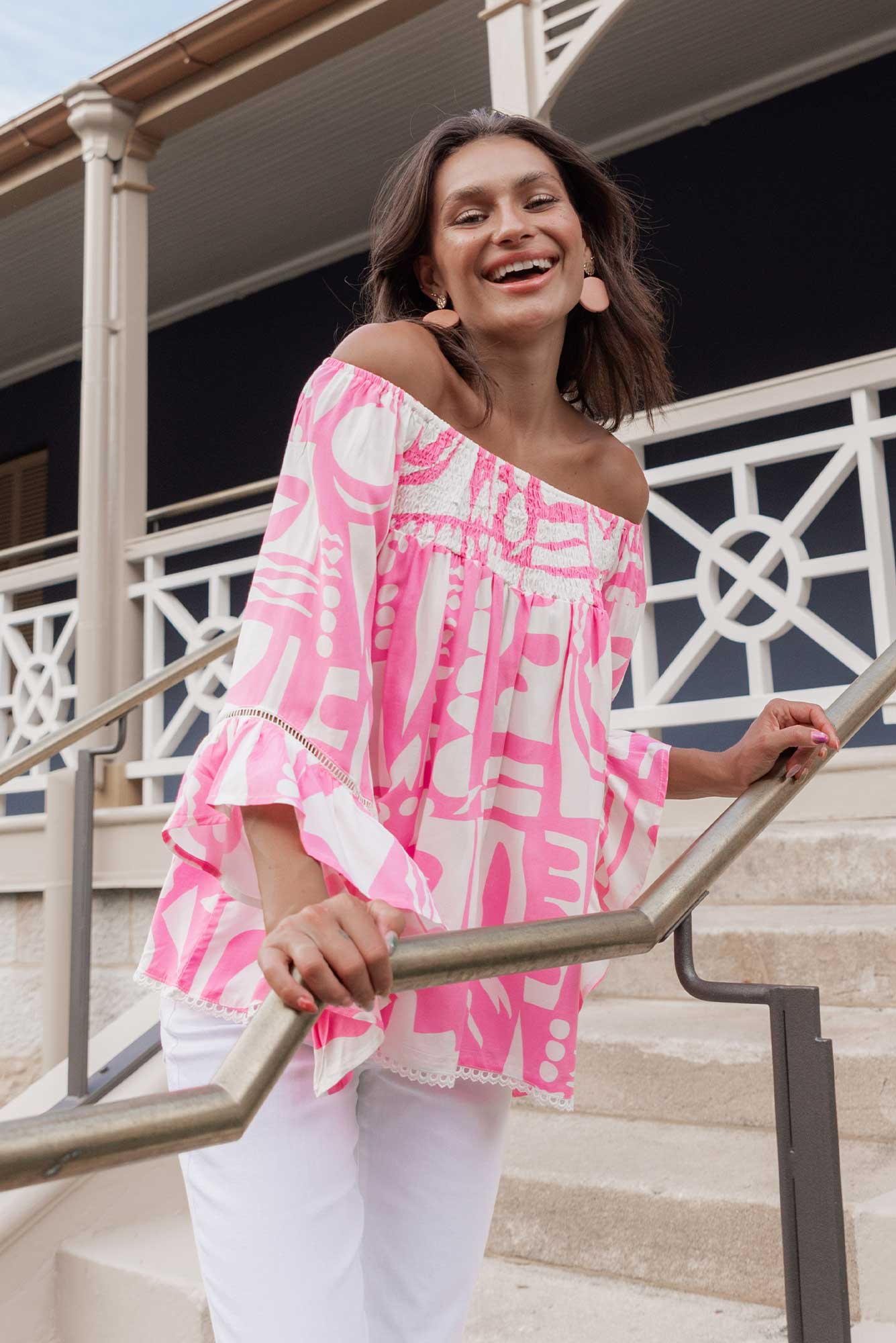 Violet Pink Abstract Bell Sleeve Top