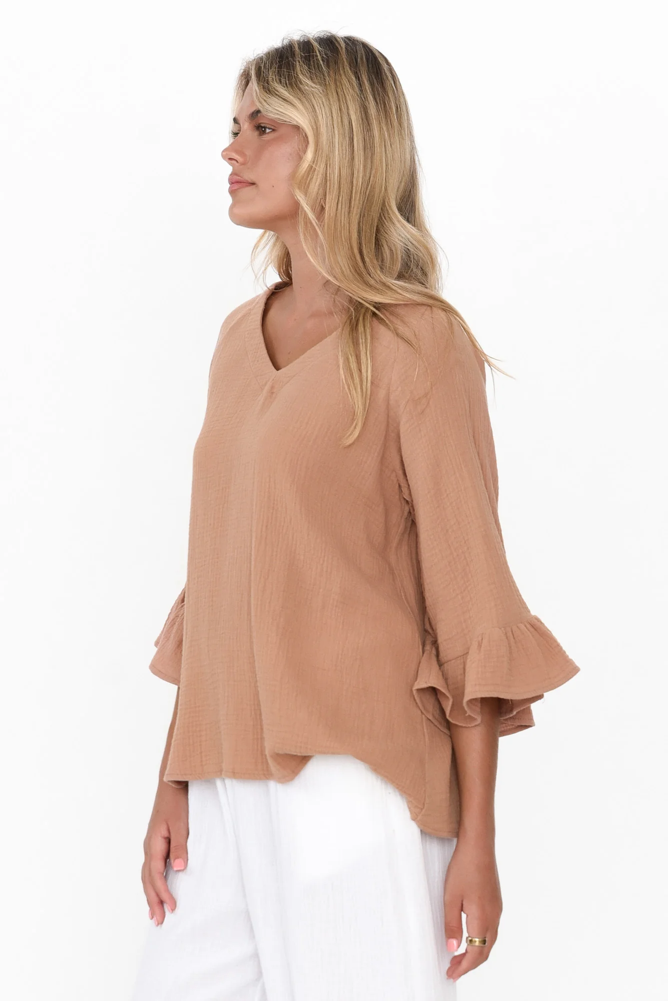 Anissa Mocha Cotton Frill Top