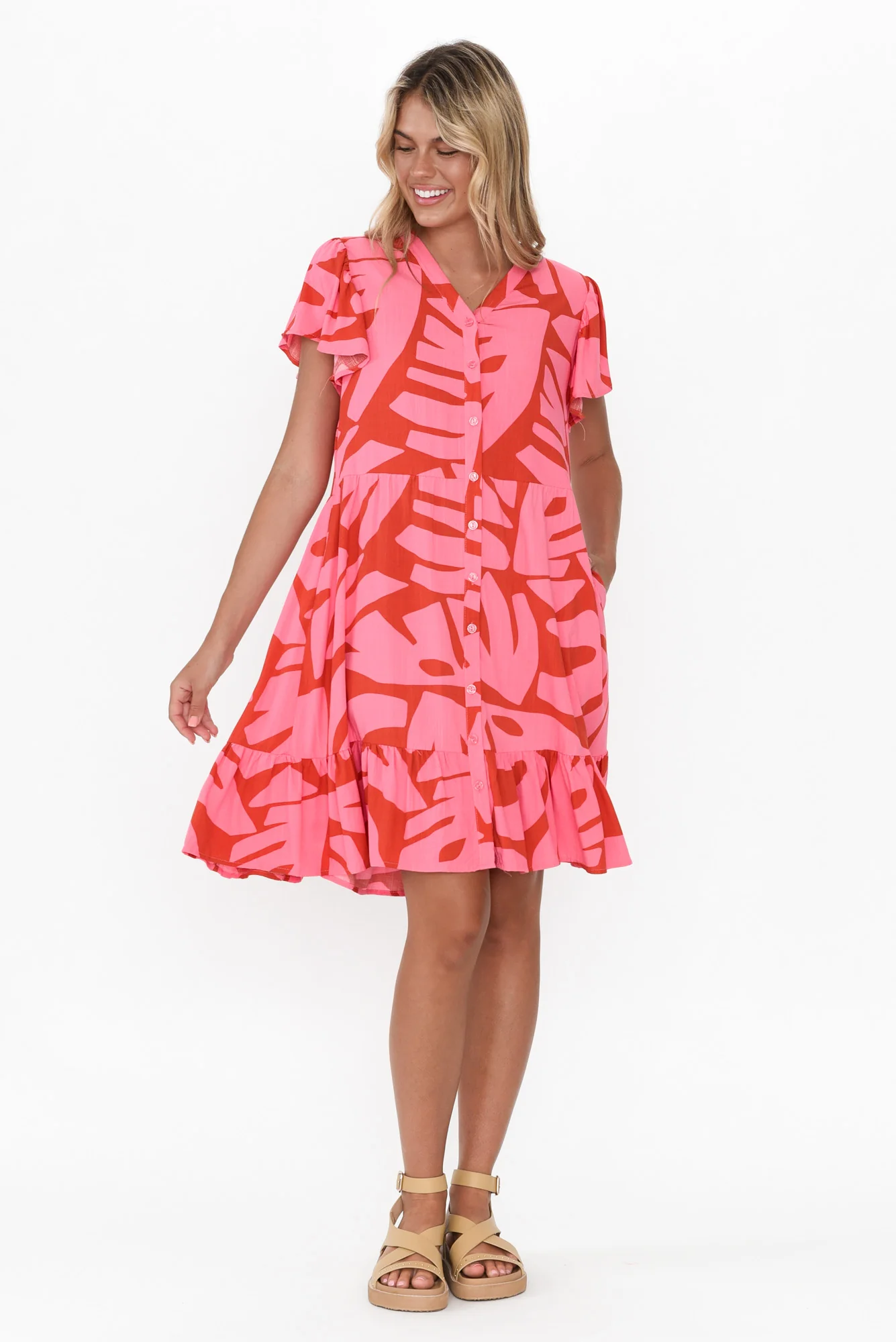 Lomani Pink Leaf Shirt Dress
