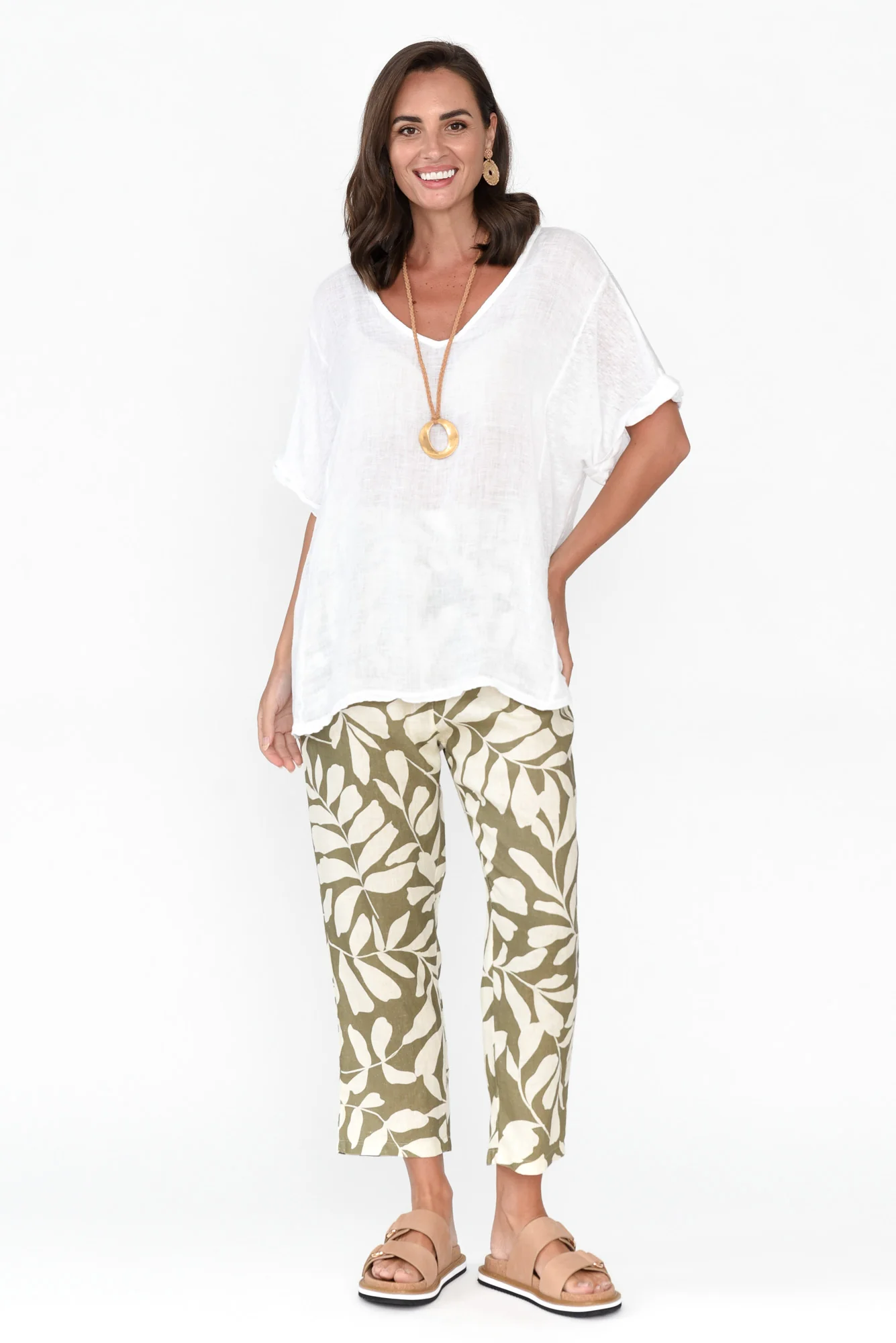 Jacqui Khaki Leaf Linen Pants