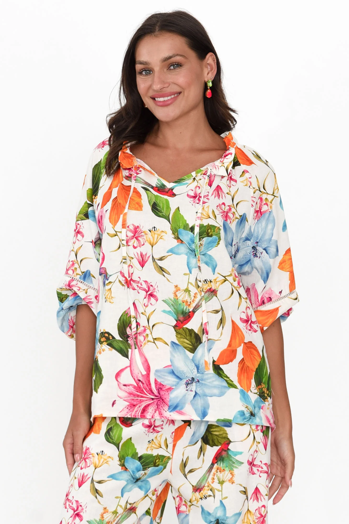Picasso White Floral Linen Blend Top