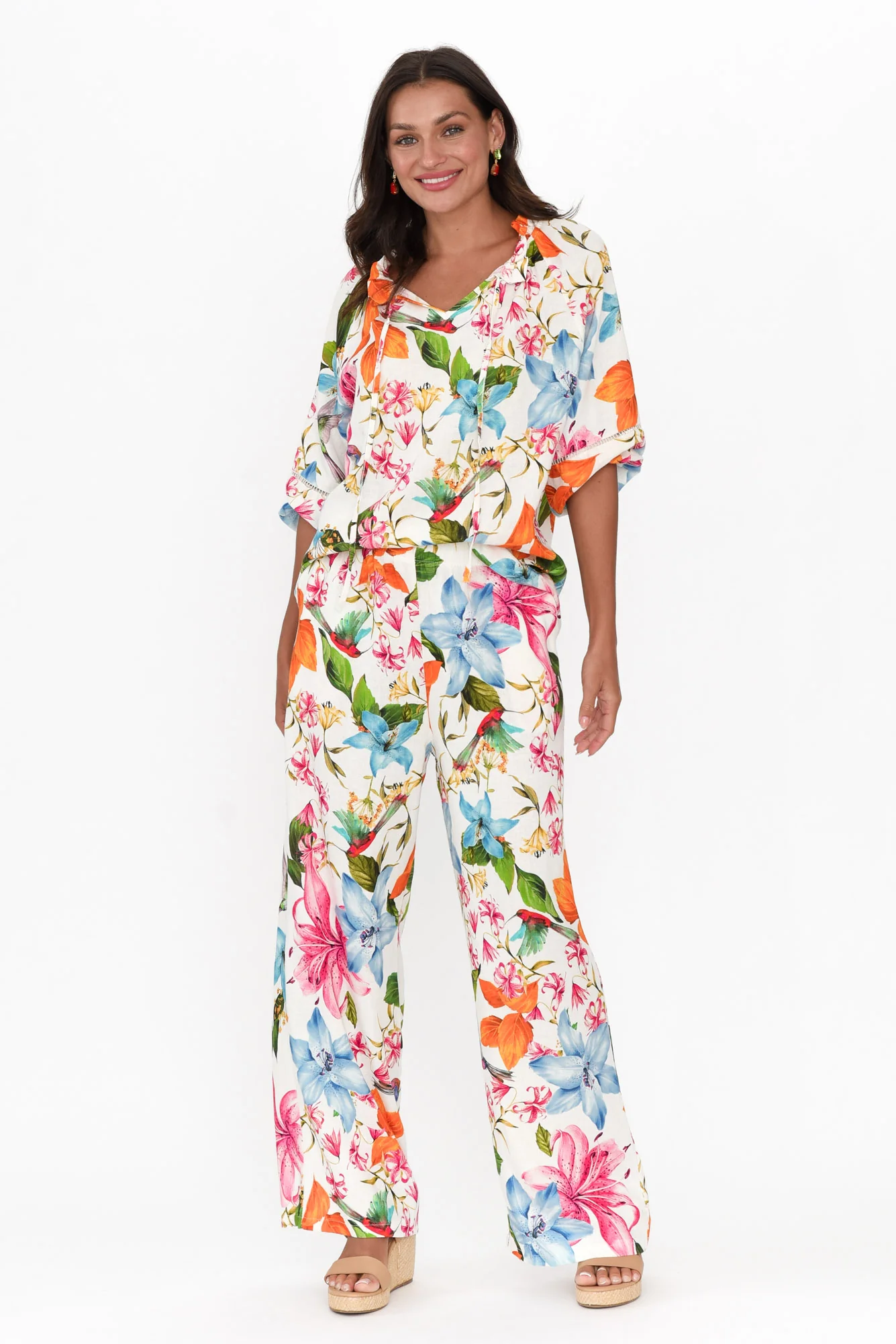 Malory White Floral Linen Blend Pants