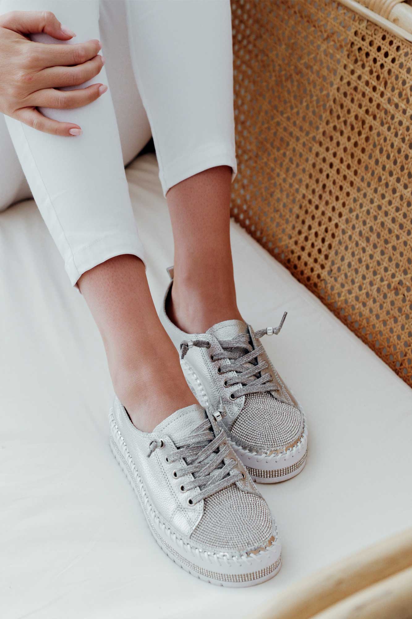 Sky Silver Leather Diamante Sneaker