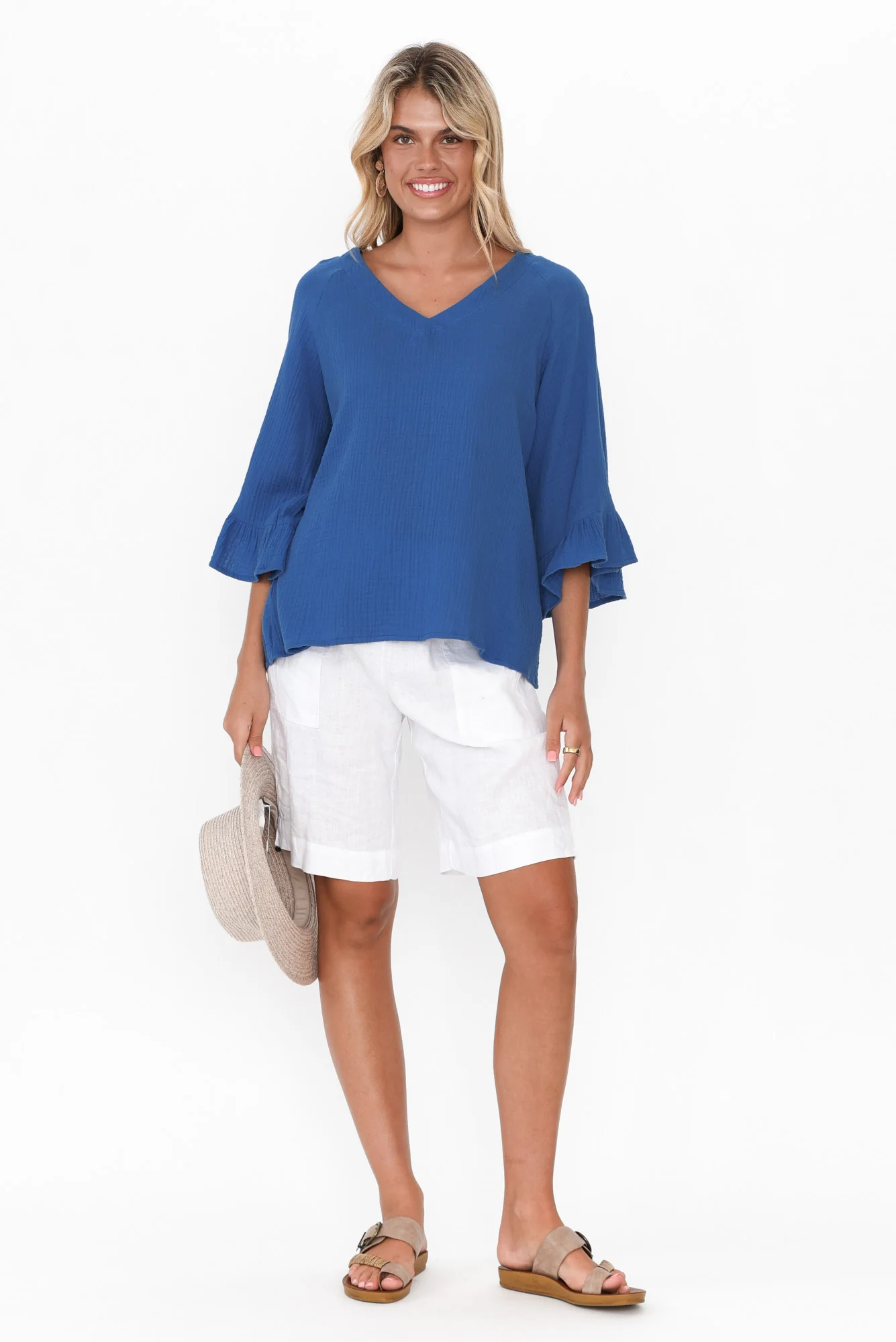 Anissa Cobalt Cotton Frill Top