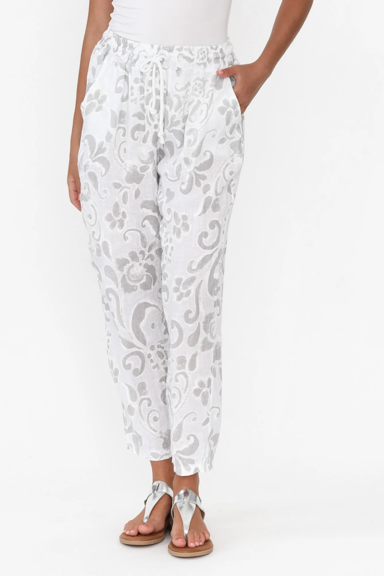 Delfina Grey Floral Linen Pants
