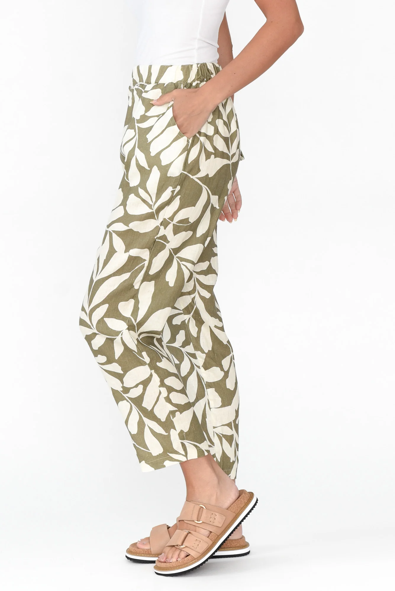 Jacqui Khaki Leaf Linen Pants