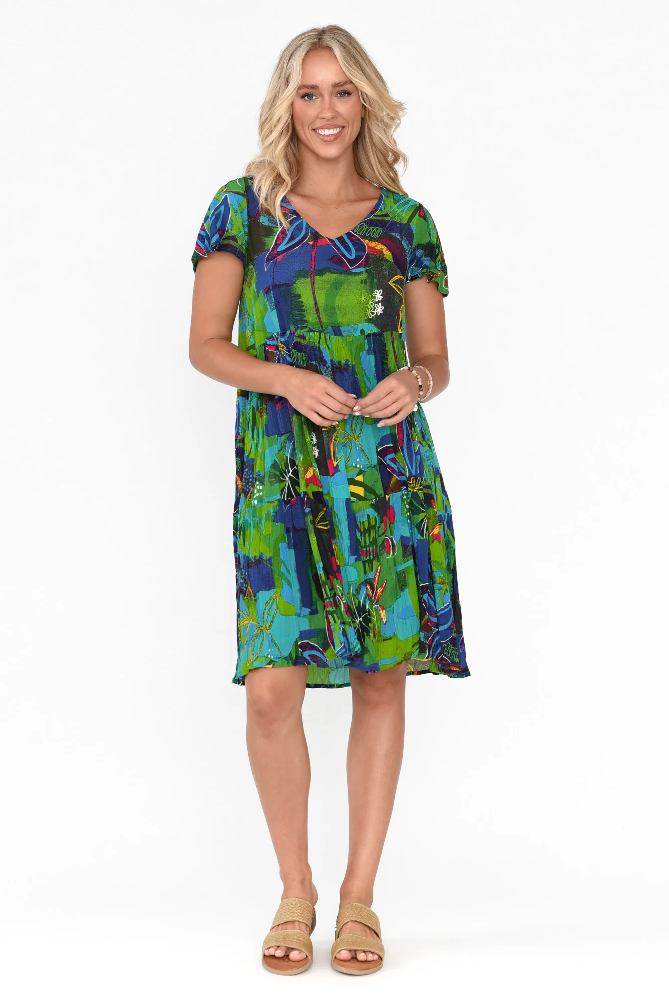 Azalea Turquoise Botanical Crinkle Dress