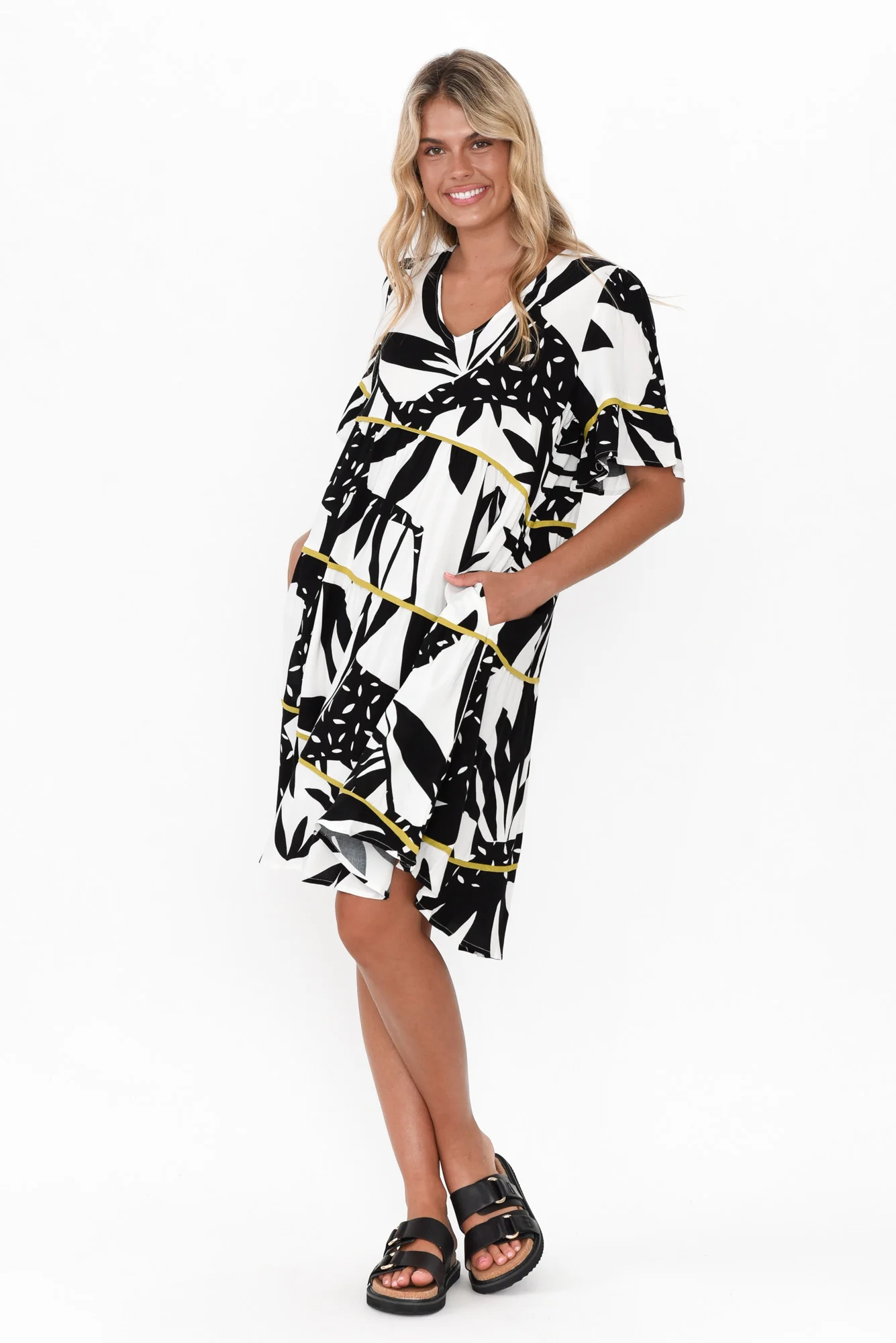 Edmands Black Leaf V Neck Dress