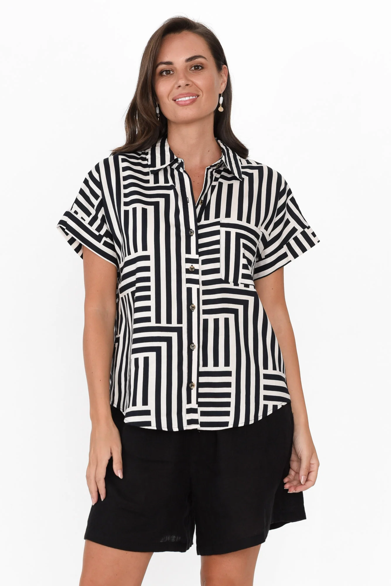 Bauhaus Navy Stripe Linen Blend Collared Top
