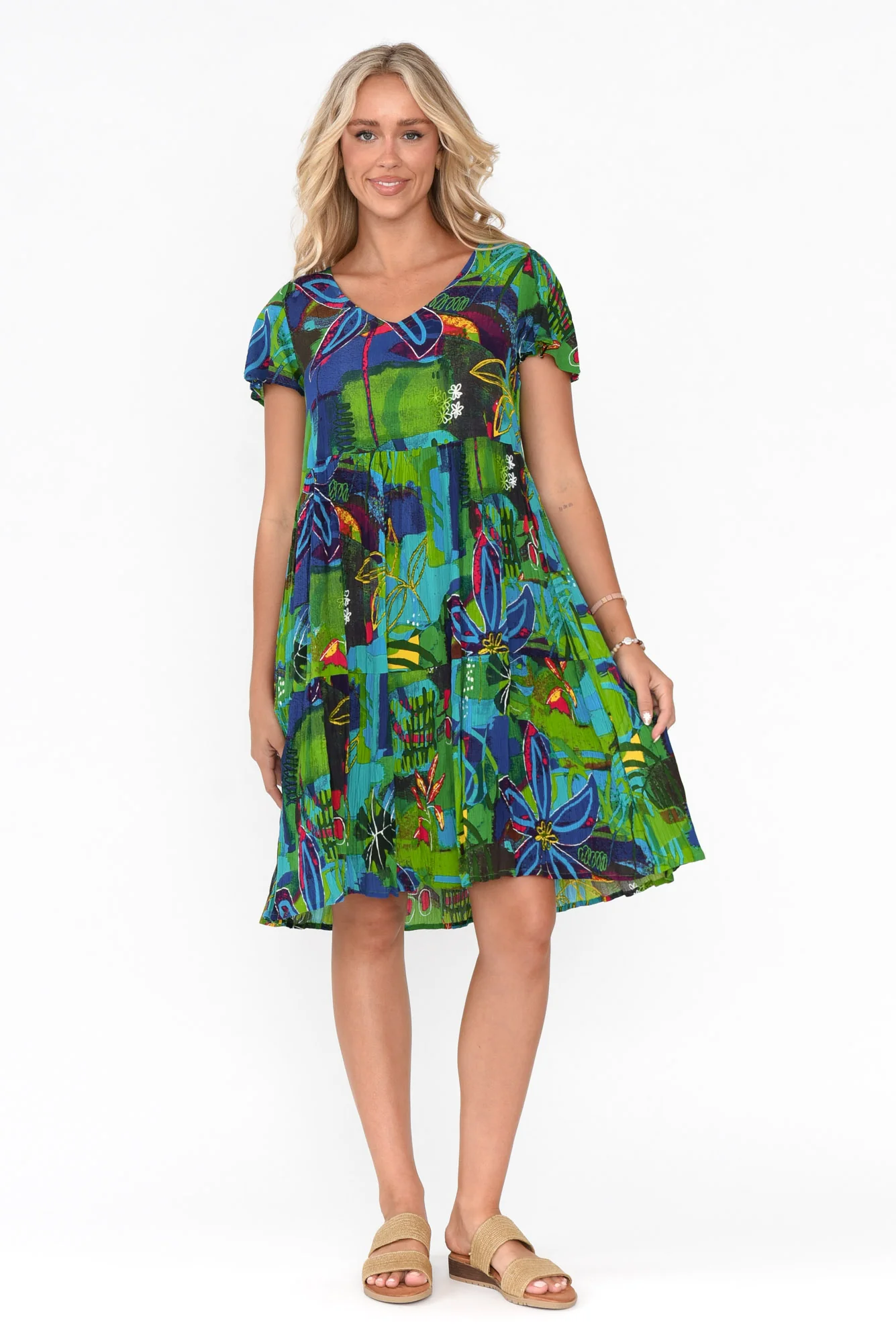 Azalea Turquoise Botanical Crinkle Dress