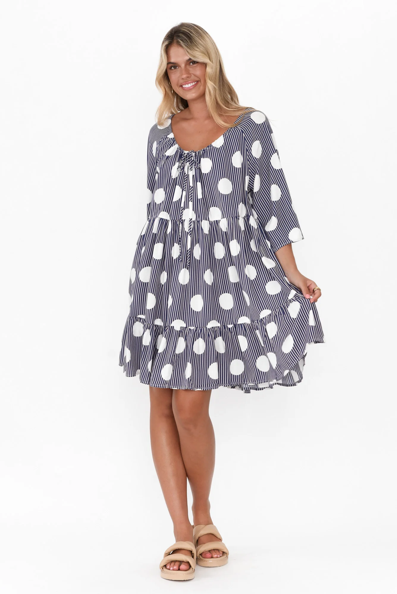 Deckler White Spot Tiered Dress