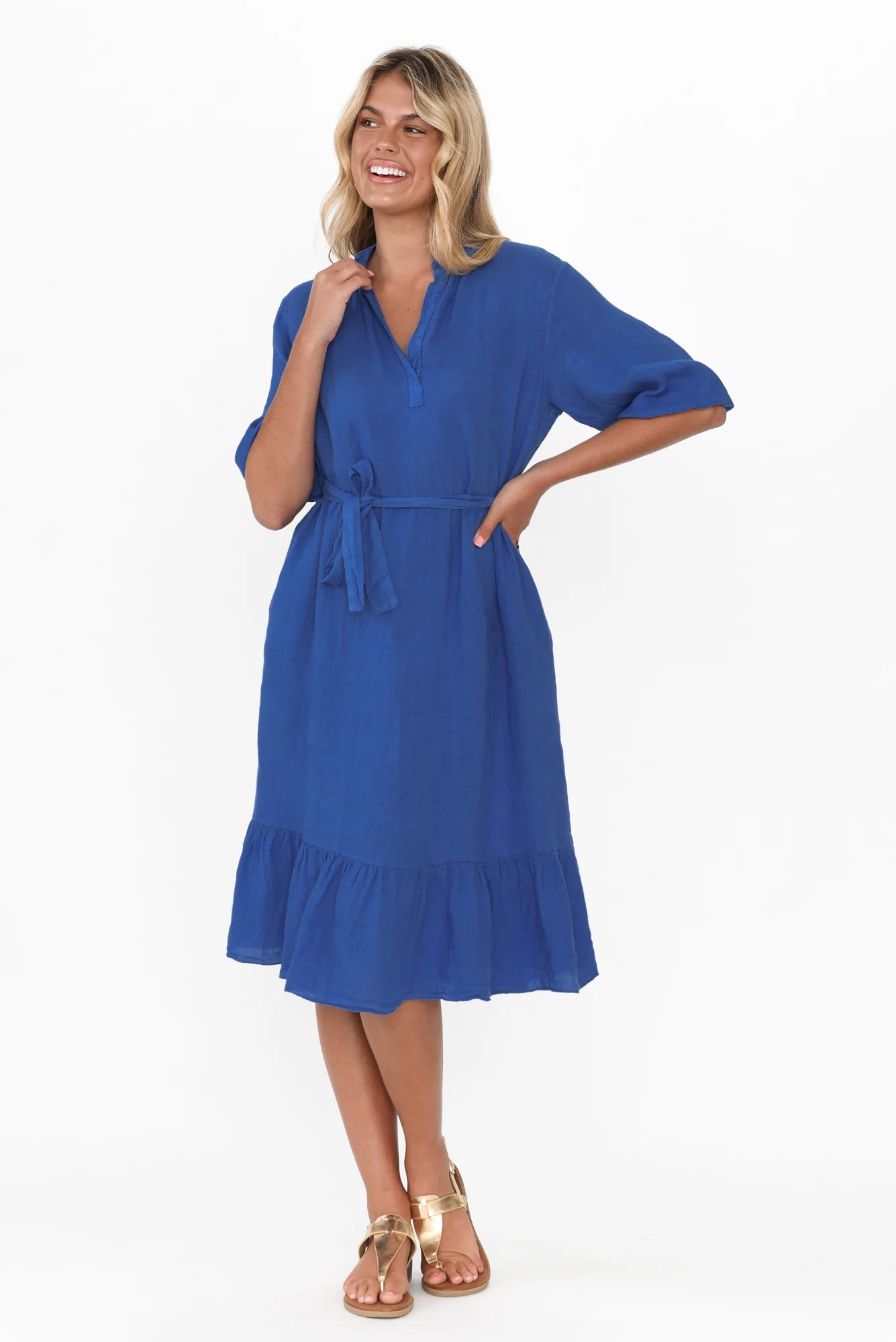 Mattea Blue Linen Ruffle Dress
