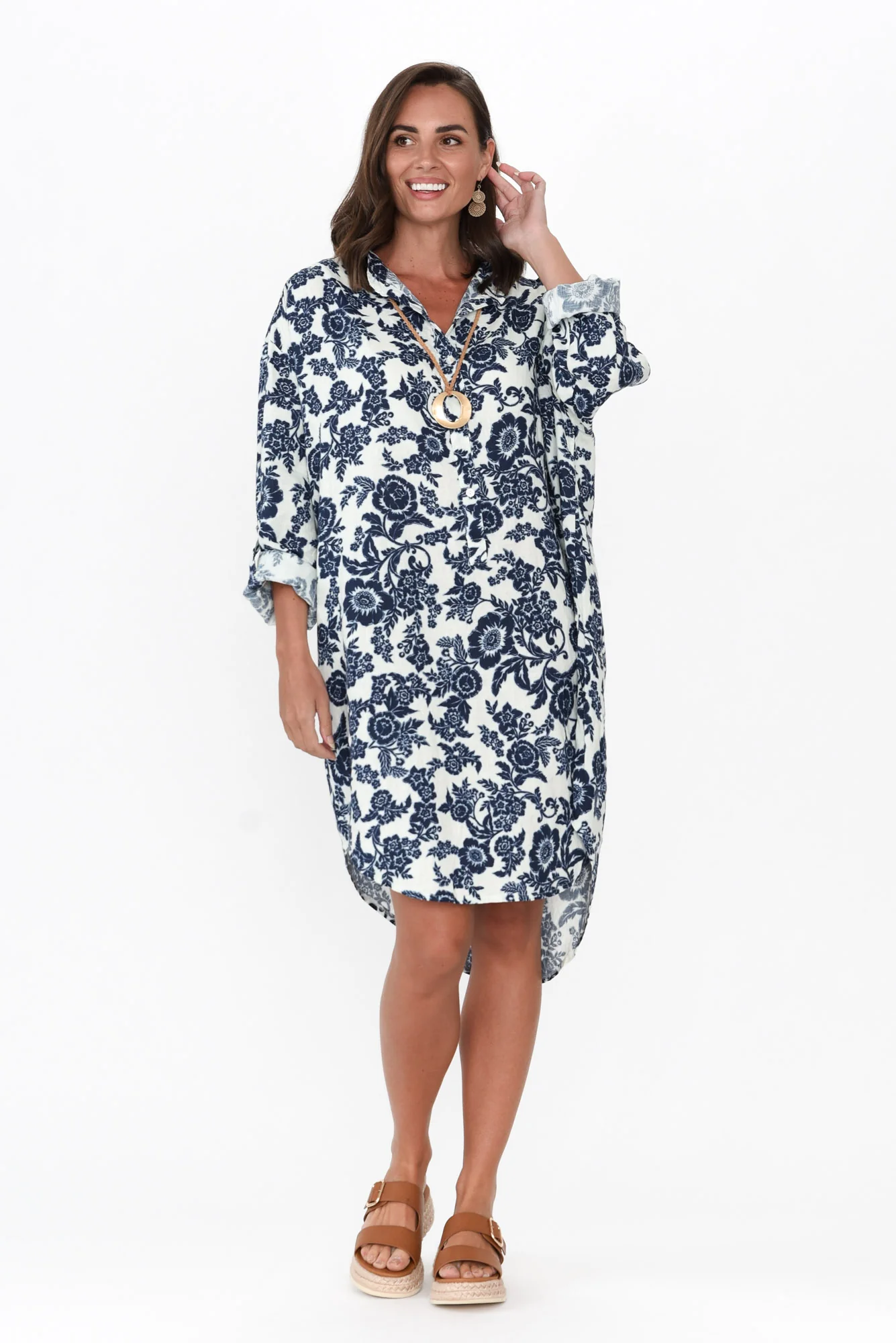 Zuko Navy Floral Linen Shirt Dress