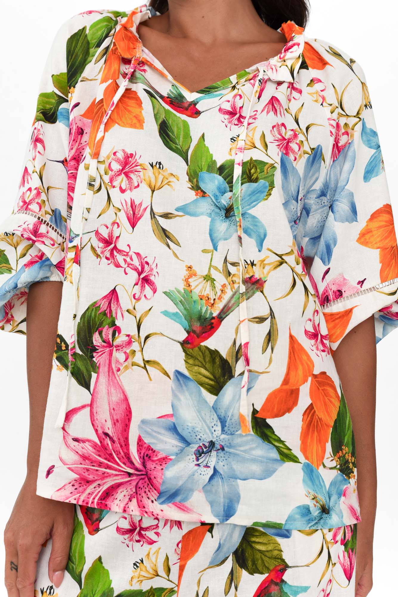 Picasso White Floral Linen Blend Top