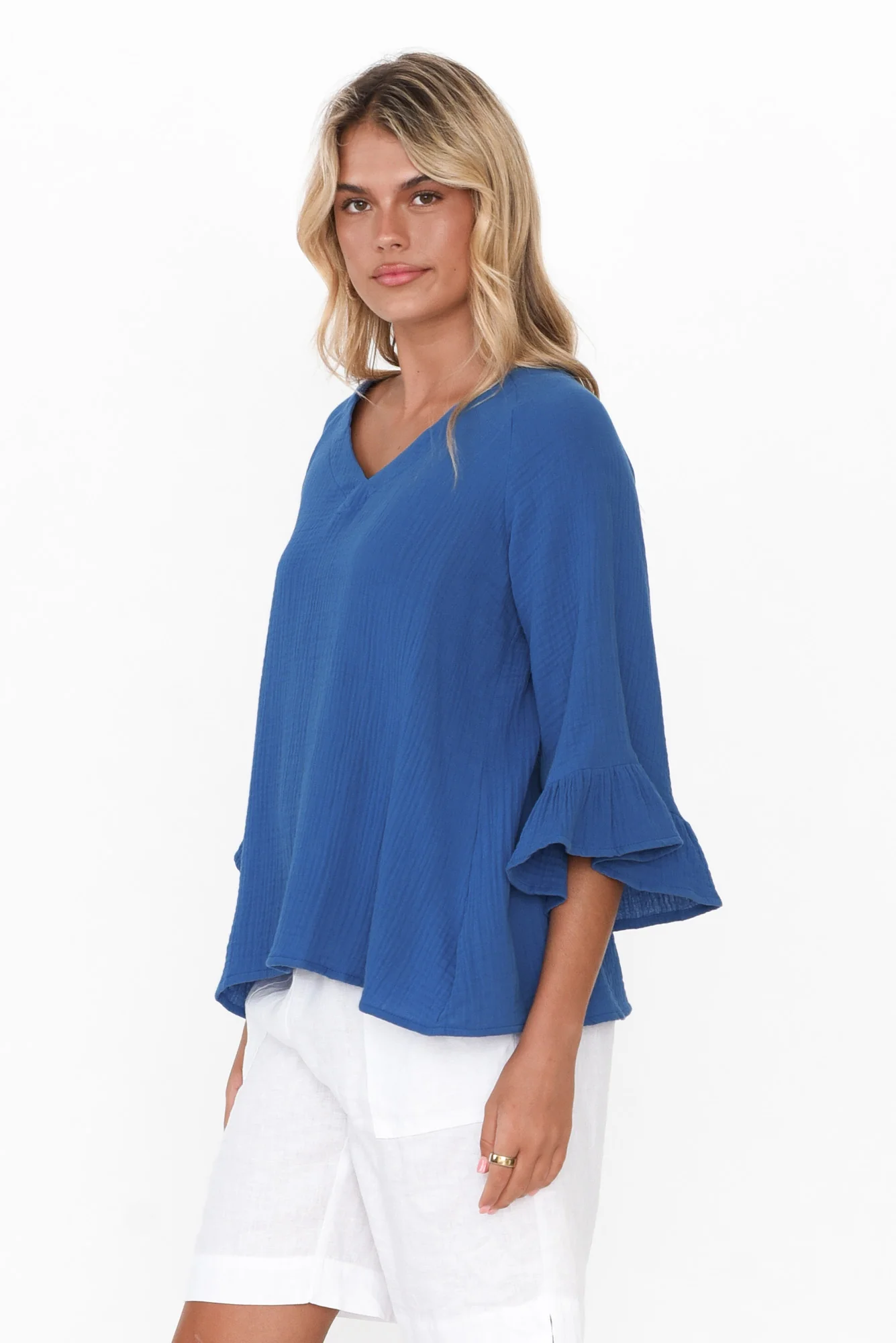 Anissa Cobalt Cotton Frill Top