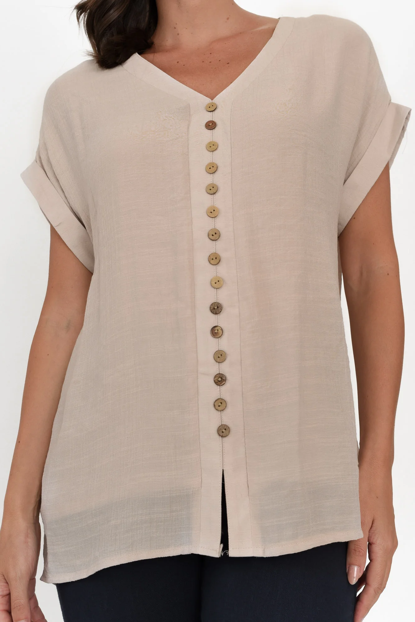 Miray Beige Cotton Blend Button Top