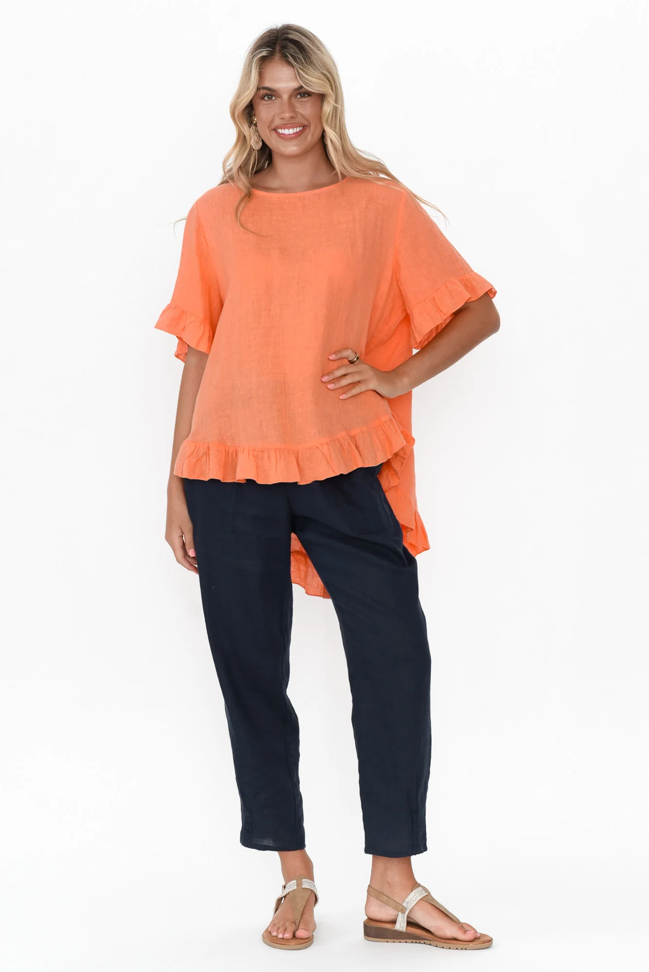 Genevieve Orange Linen Frill Top