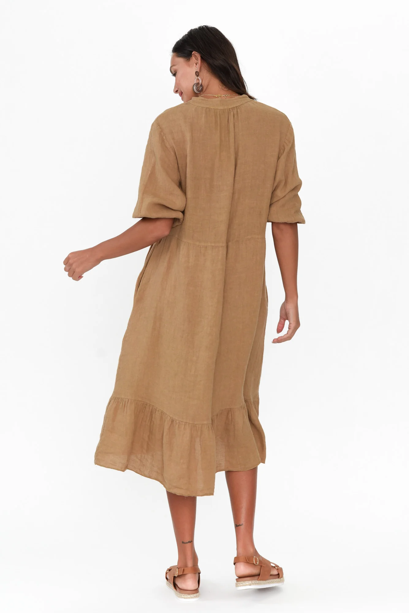 Mattea Camel Linen Ruffle Dress