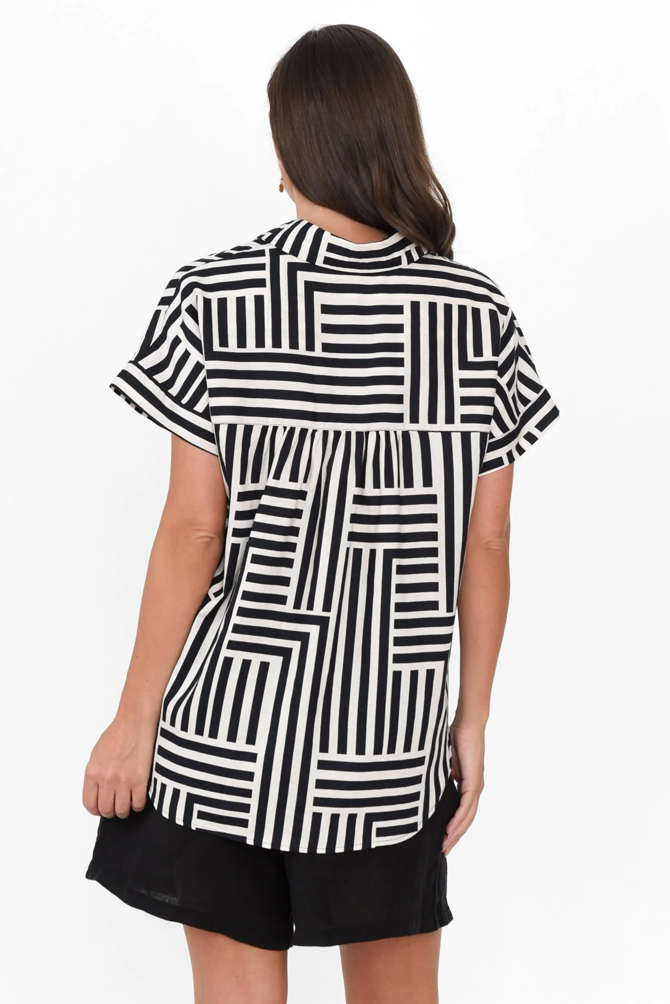 Bauhaus Navy Stripe Linen Blend Collared Top