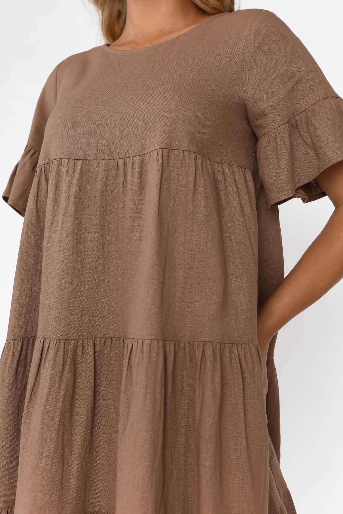 Azura Chocolate Linen Blend Tiered Dress