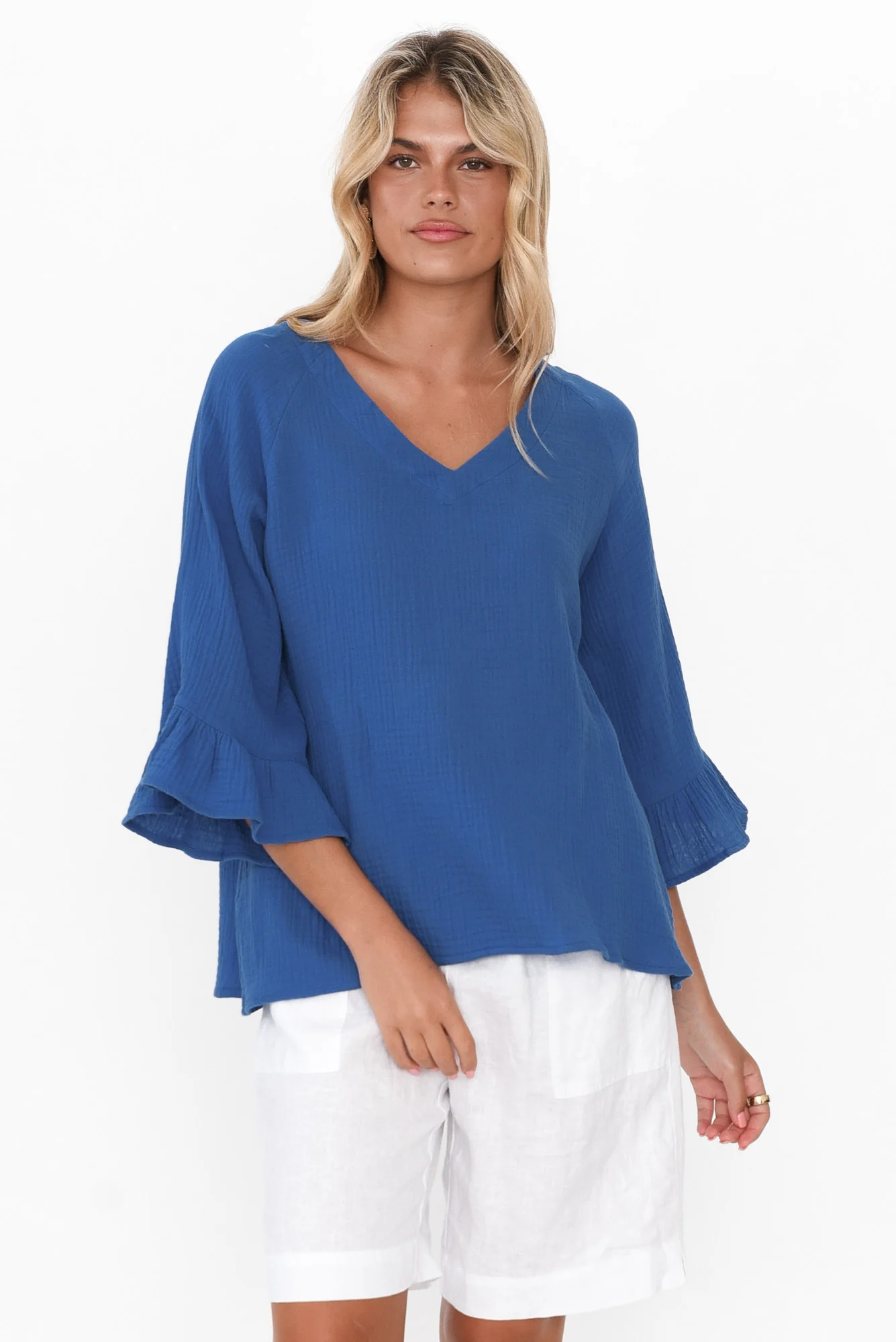 Anissa Cobalt Cotton Frill Top