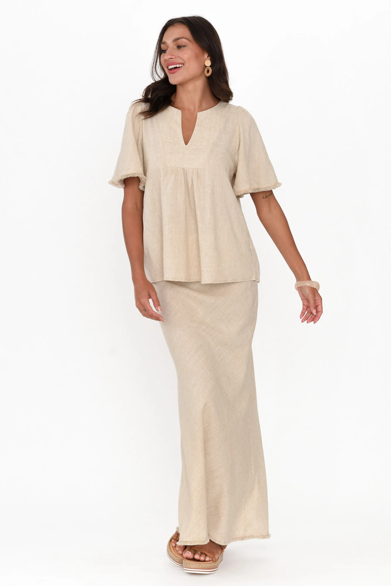 Bronco Beige Flutter Sleeve Top