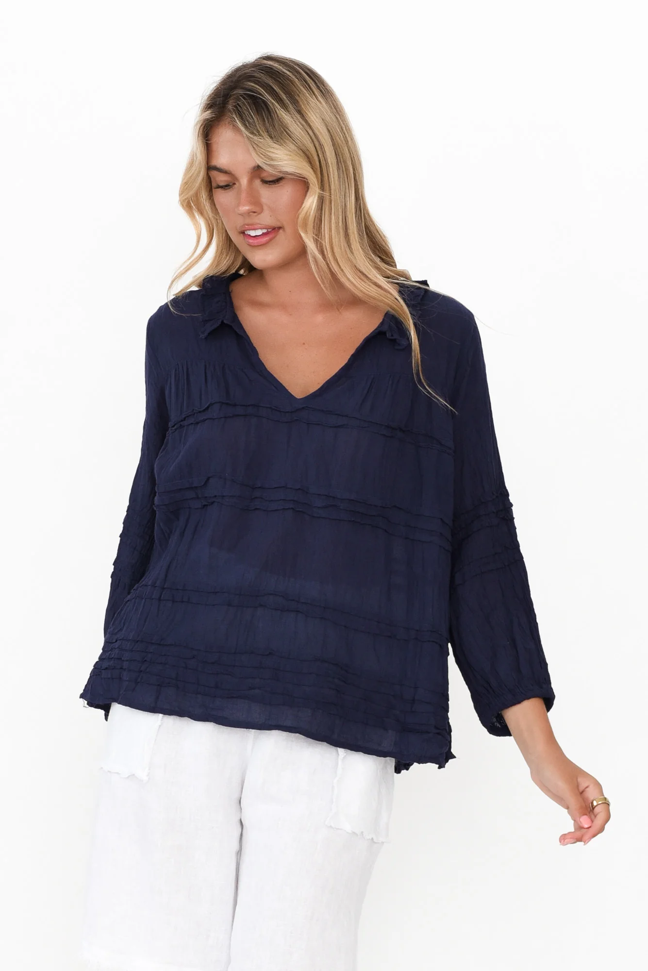 Palmer Navy Cotton Long Sleeve Top