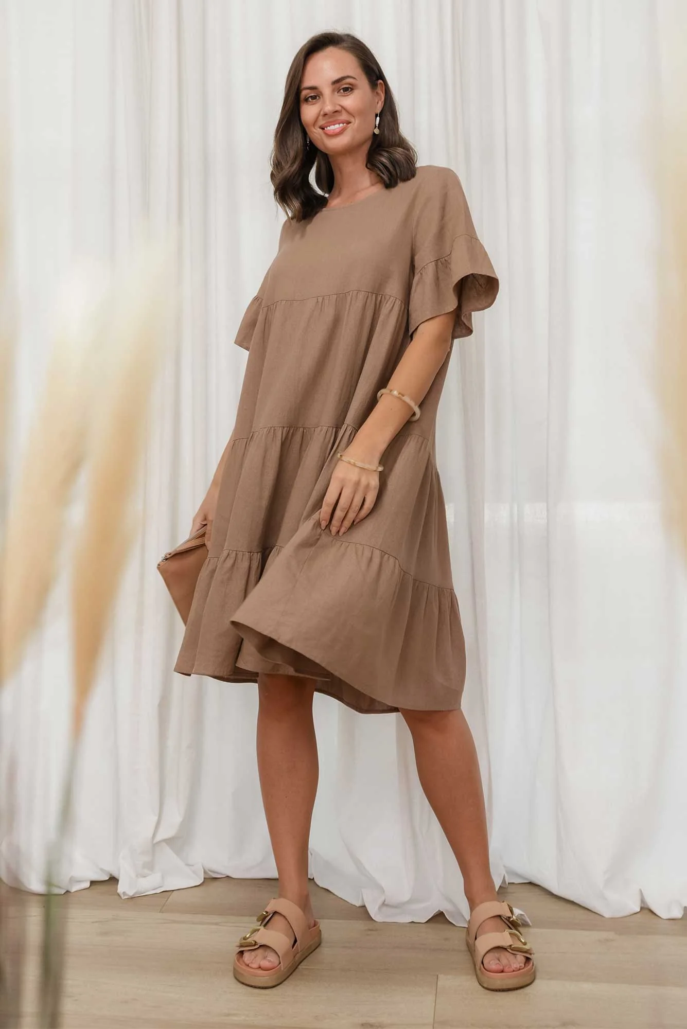 Azura Chocolate Linen Blend Tiered Dress