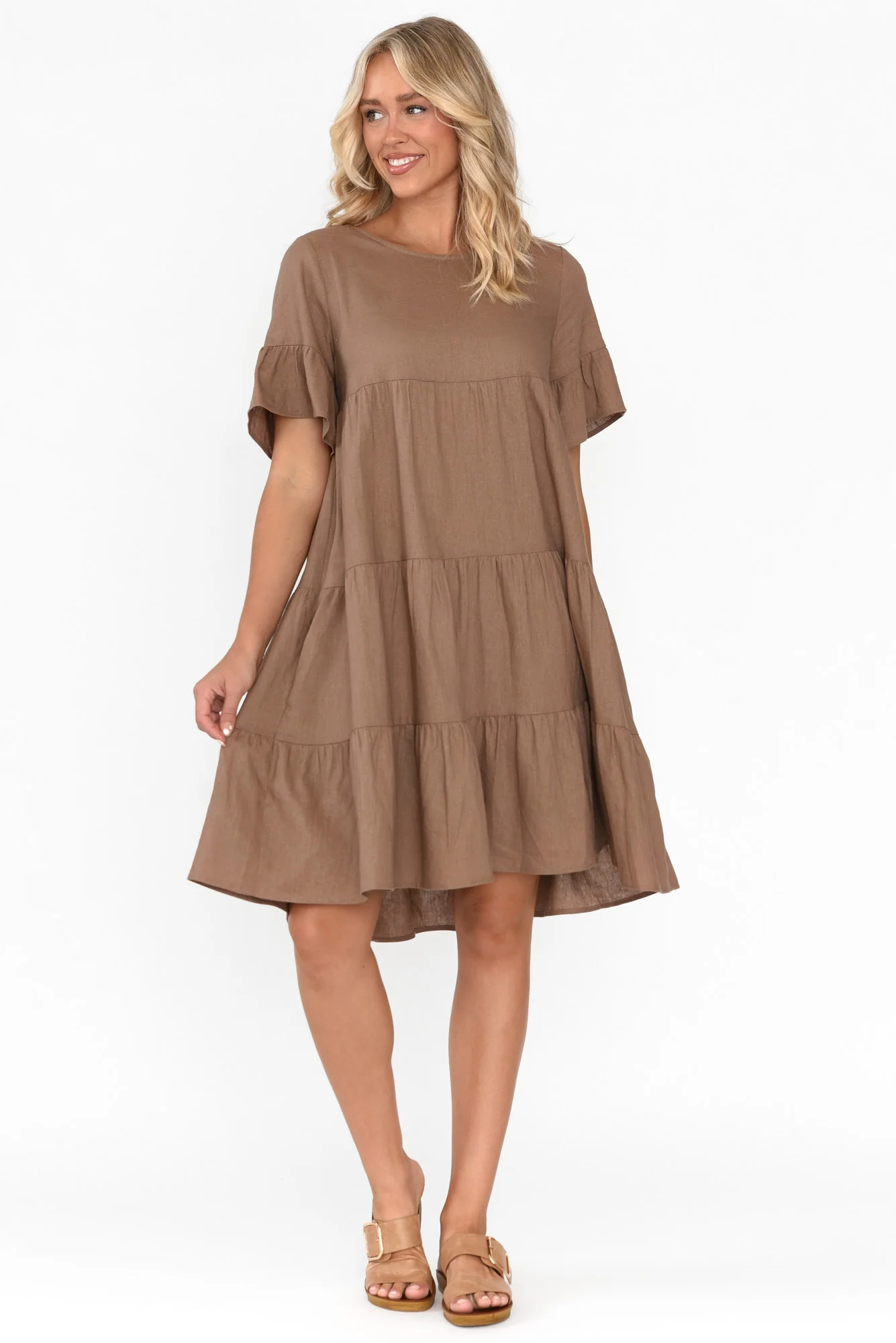 Azura Chocolate Linen Blend Tiered Dress