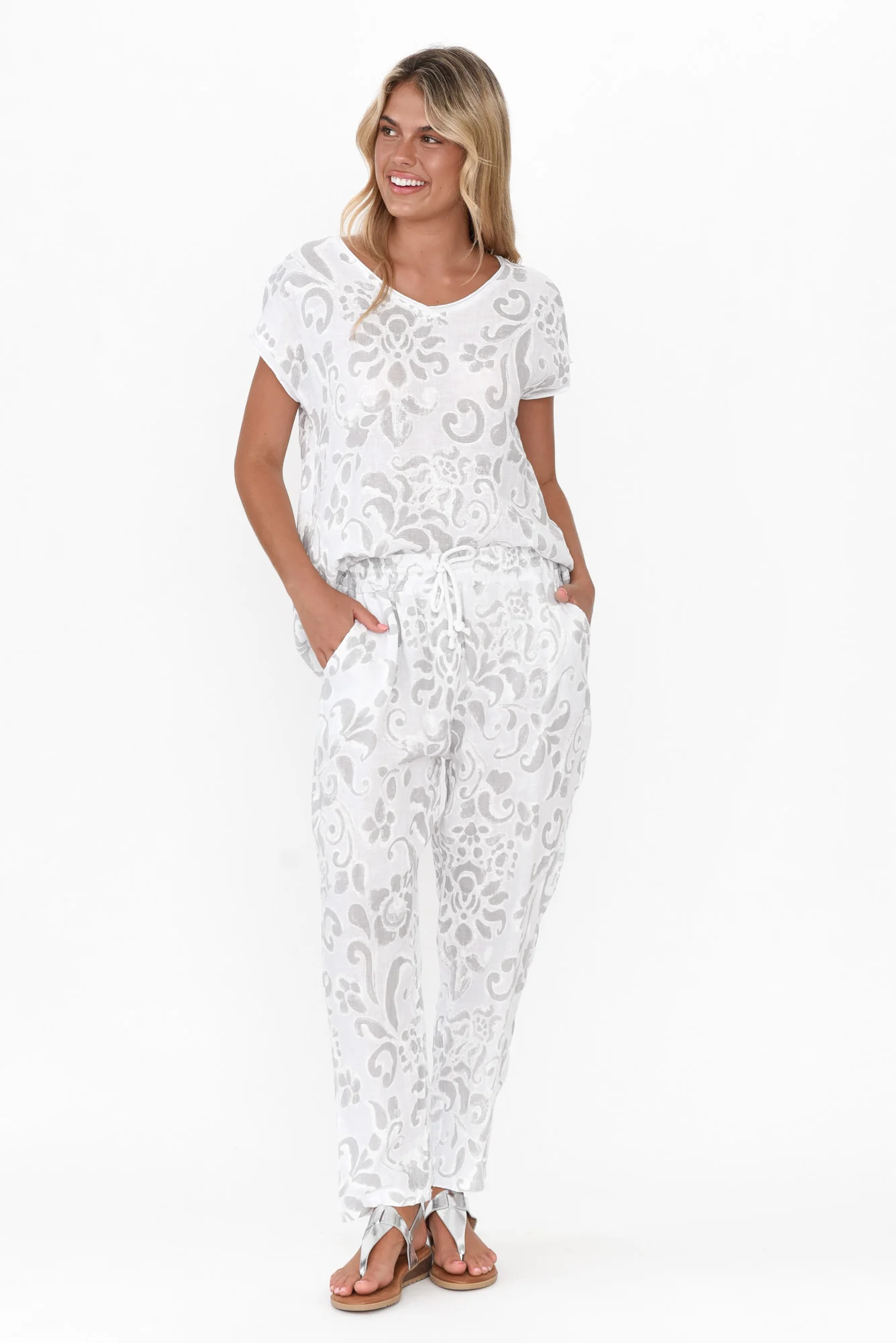 Argus Grey Floral Linen Top