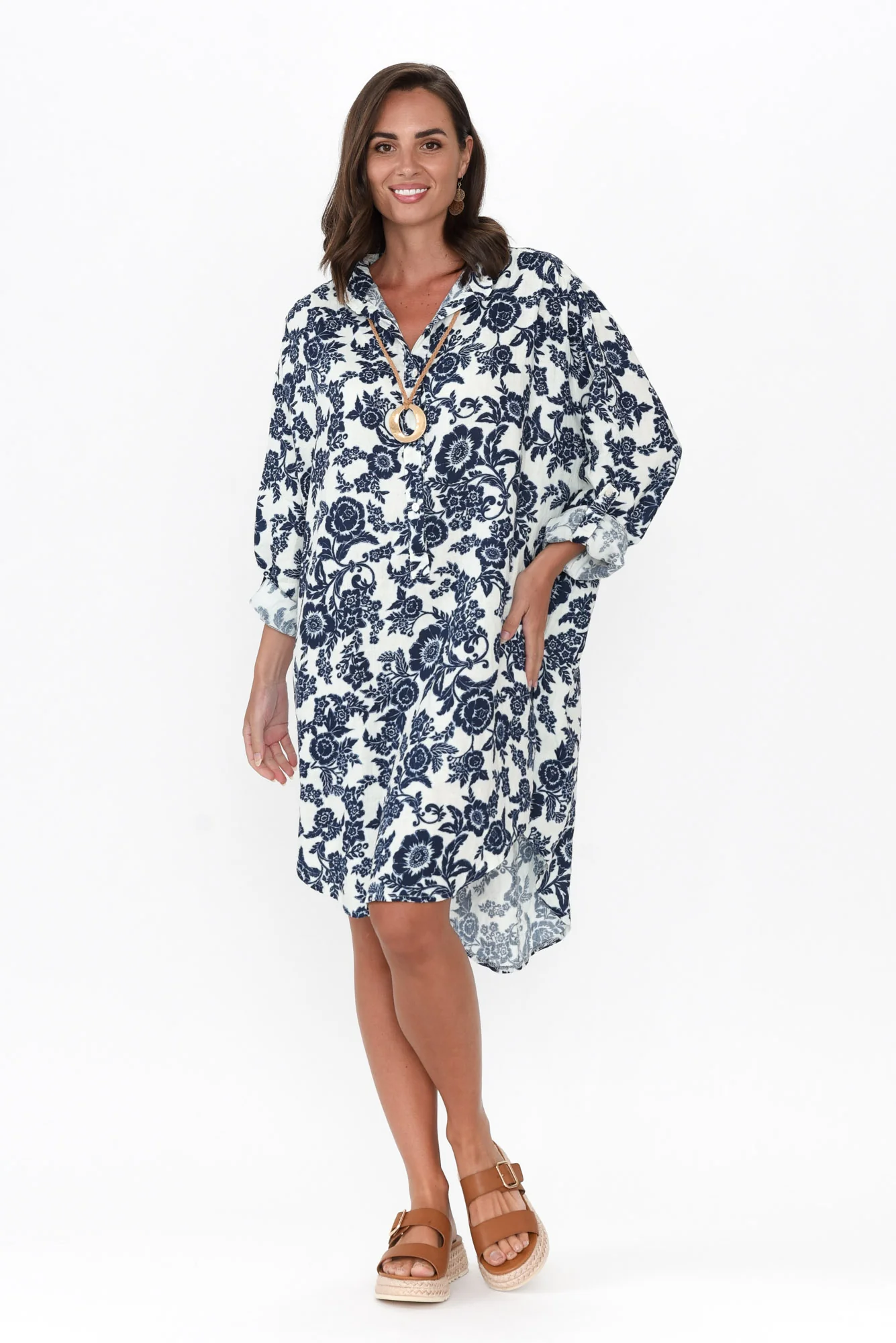 Zuko Navy Floral Linen Shirt Dress