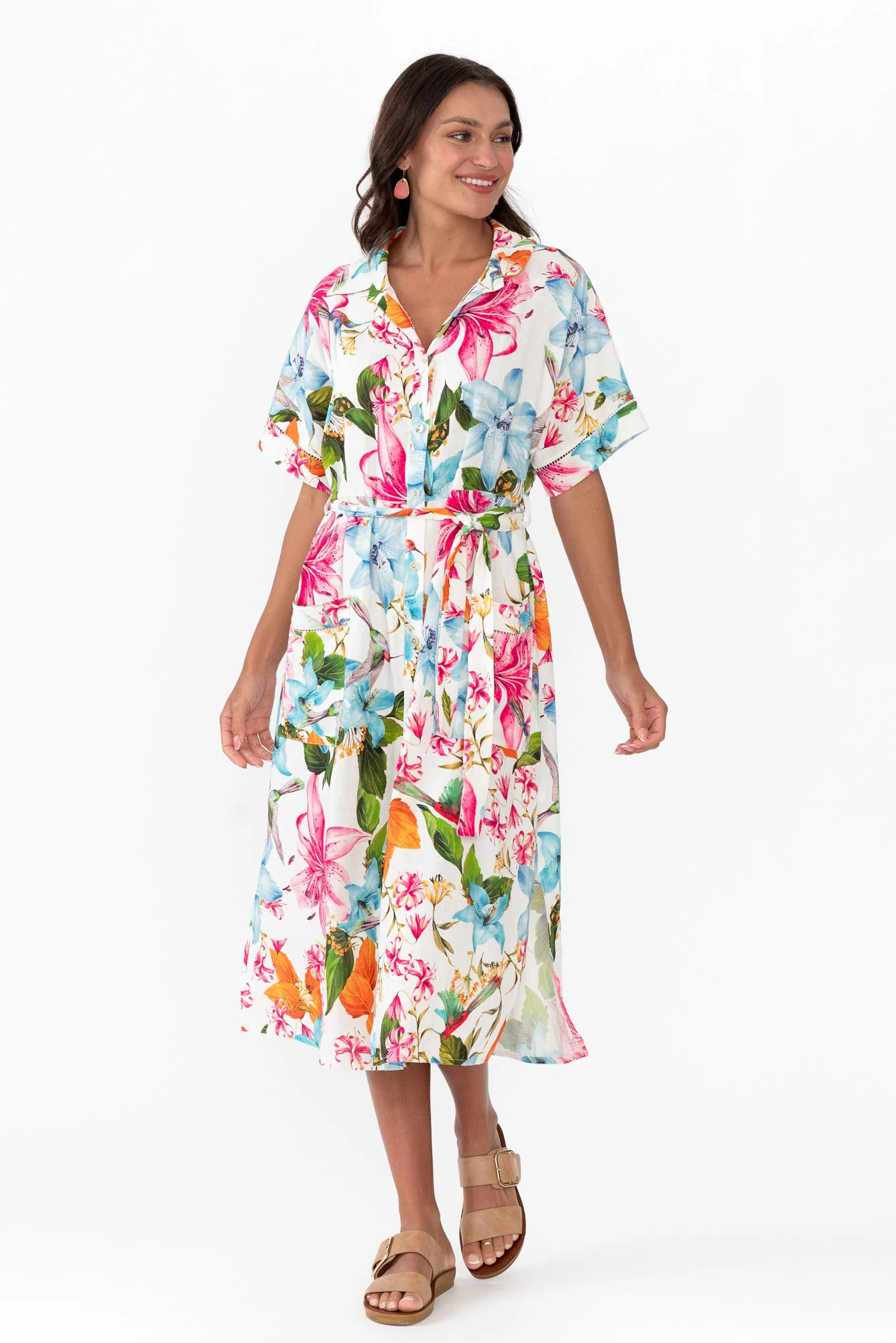 Sameera White Floral Linen Blend Dress