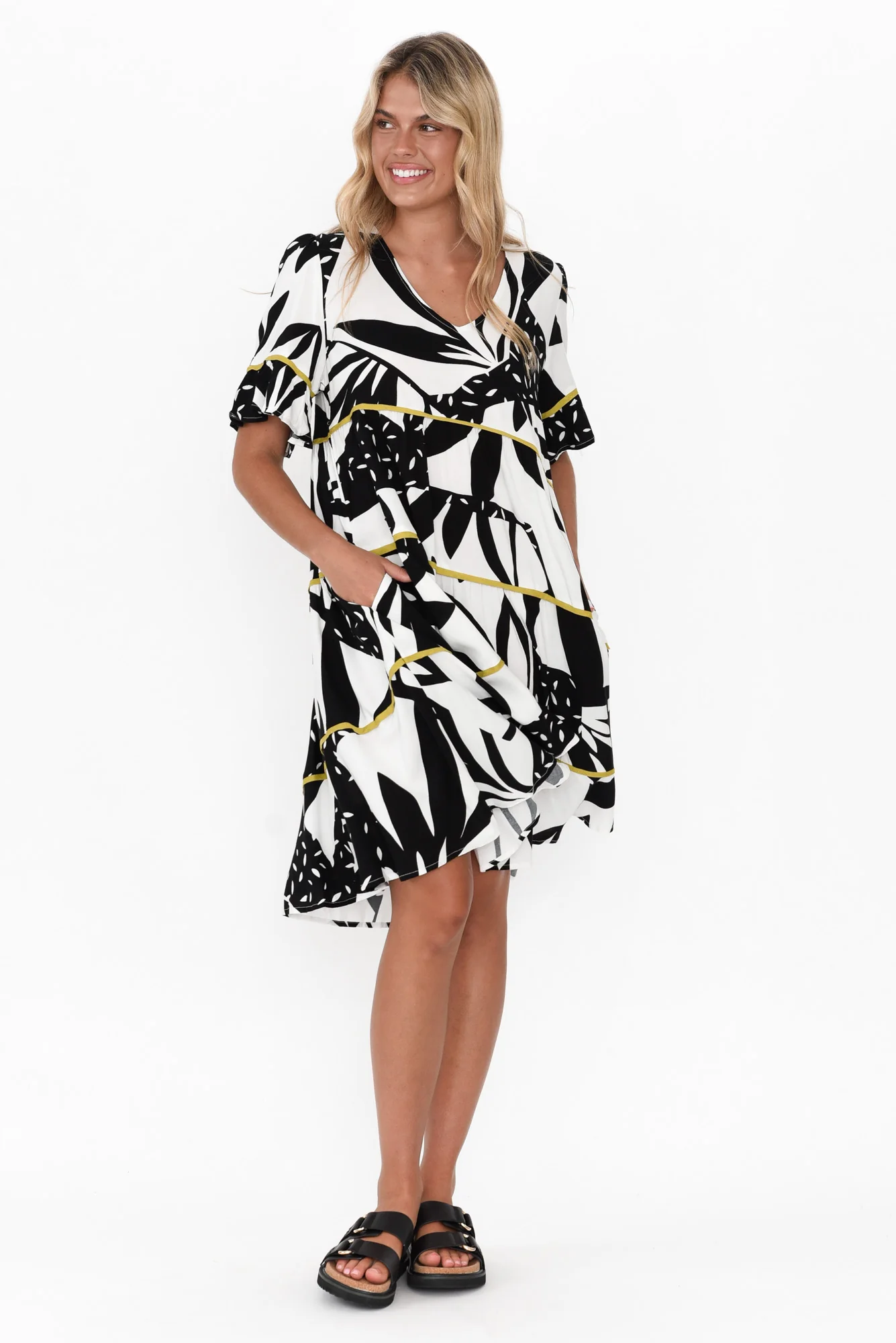 Edmands Black Leaf V Neck Dress