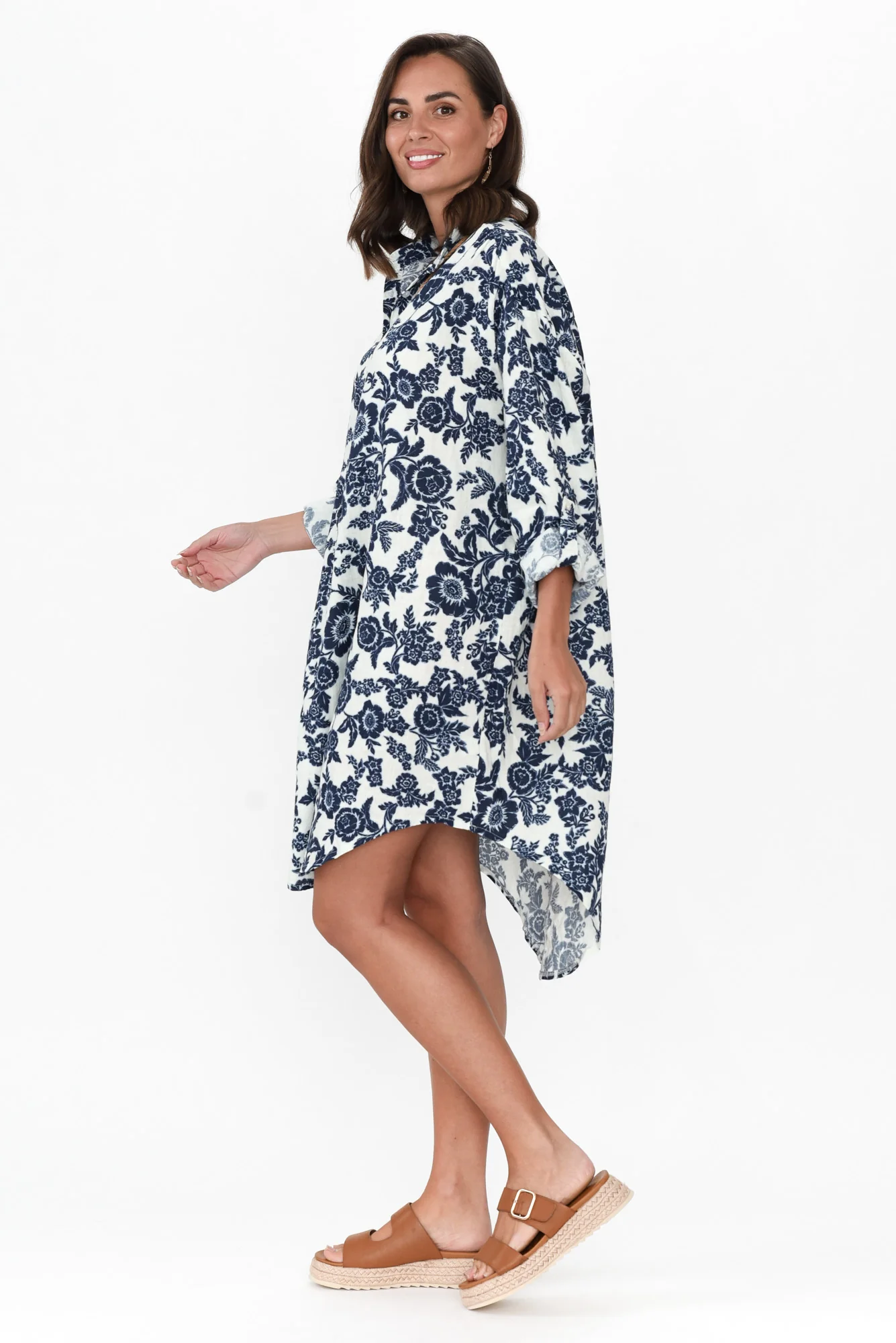 Zuko Navy Floral Linen Shirt Dress