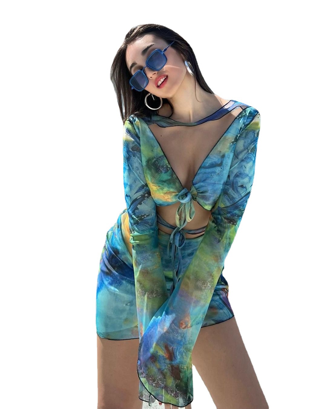 Printed Sexy Long Sleeve Wrap Hip Tie Dresses