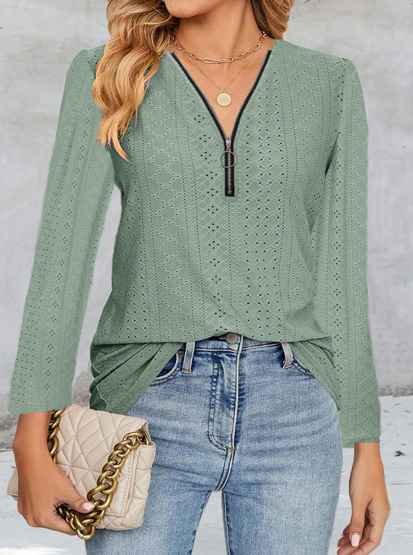 Solid Color Jacquard Zipper Long Sleeve T-Shirt Top