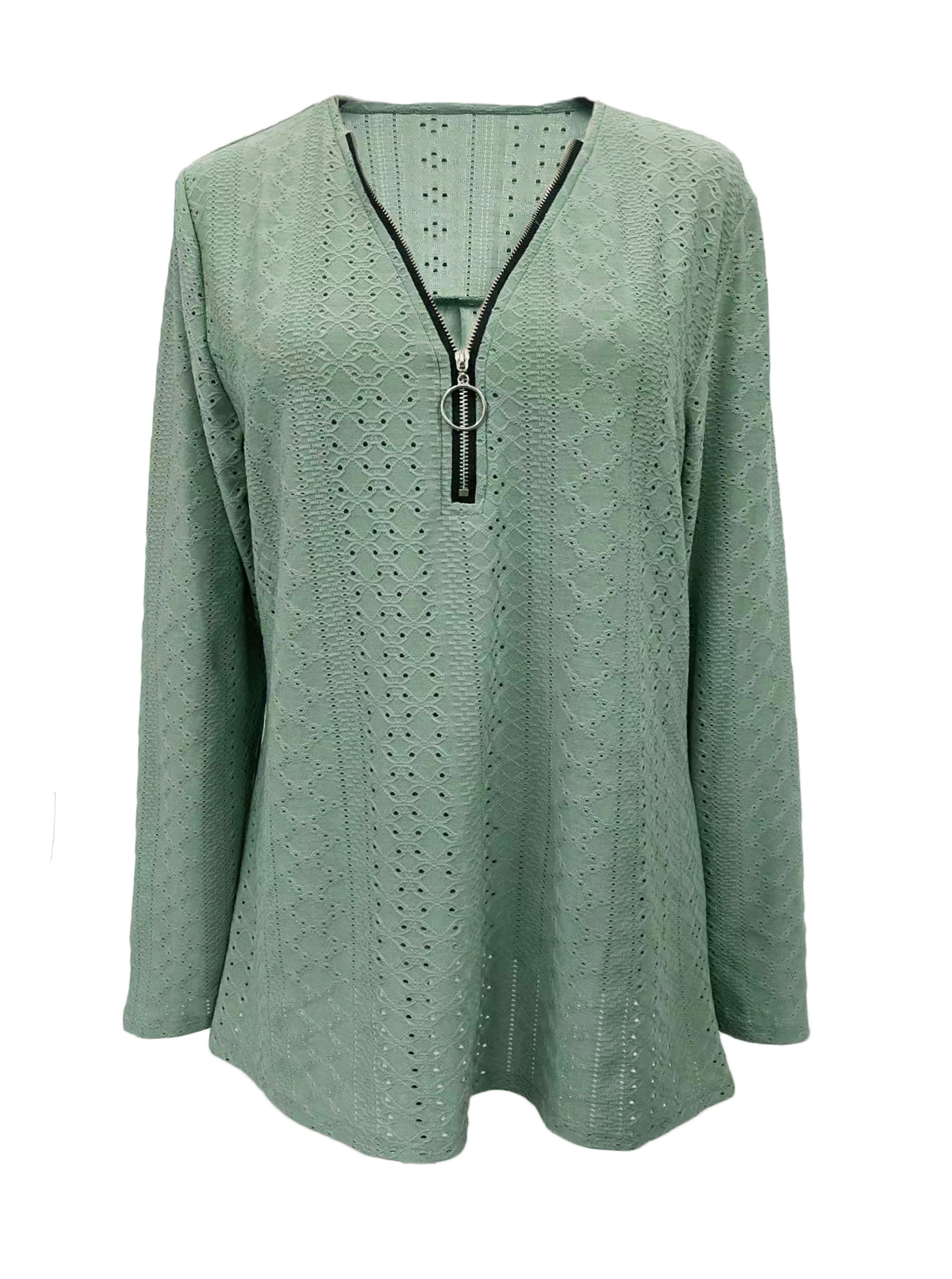 Solid Color Jacquard Zipper Long Sleeve T-Shirt Top