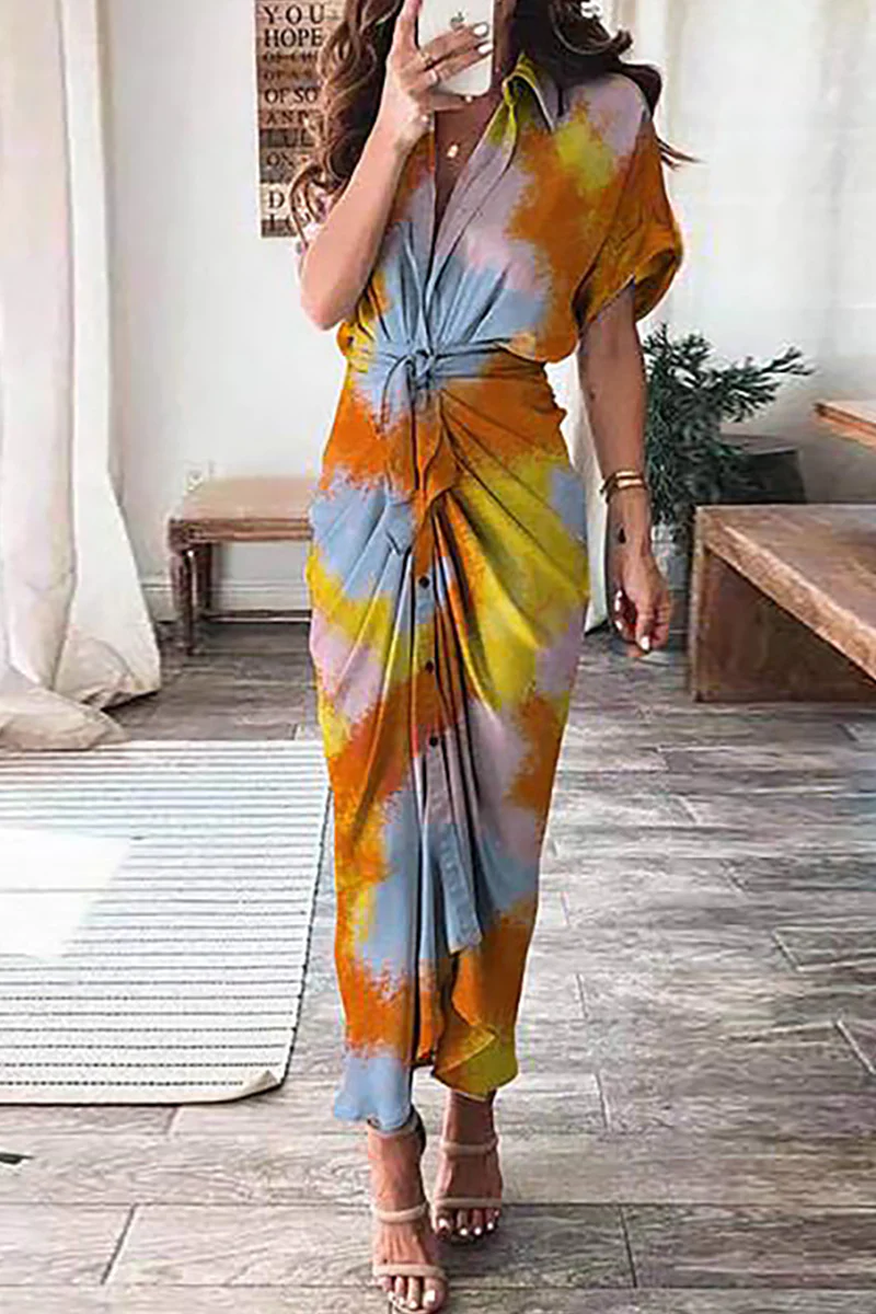 Elegant Print Frenulum Buckle Turndown Collar Pencil Skirt Dresses(7 Colors)