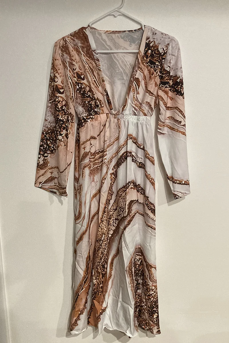 Casual Print Patchwork V Neck Printed Dress Dresses(3 Colors)