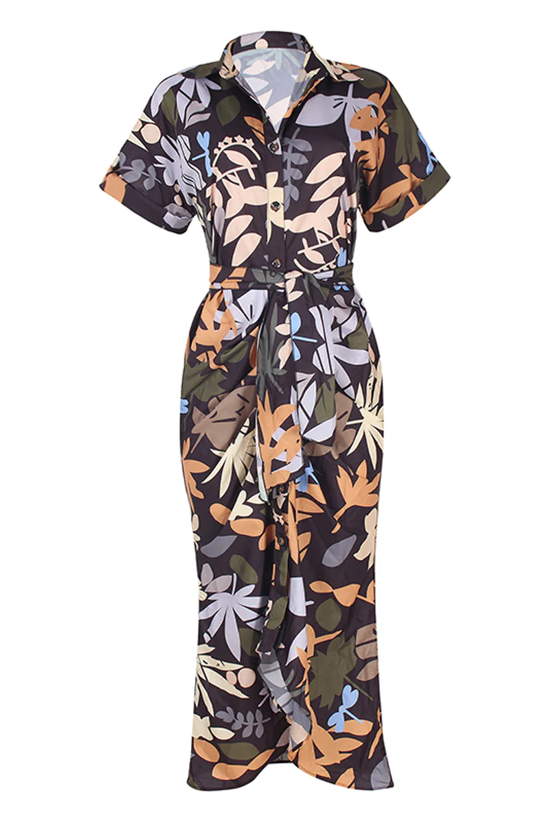 Elegant Print Frenulum Buckle Turndown Collar Pencil Skirt Dresses(7 Colors)