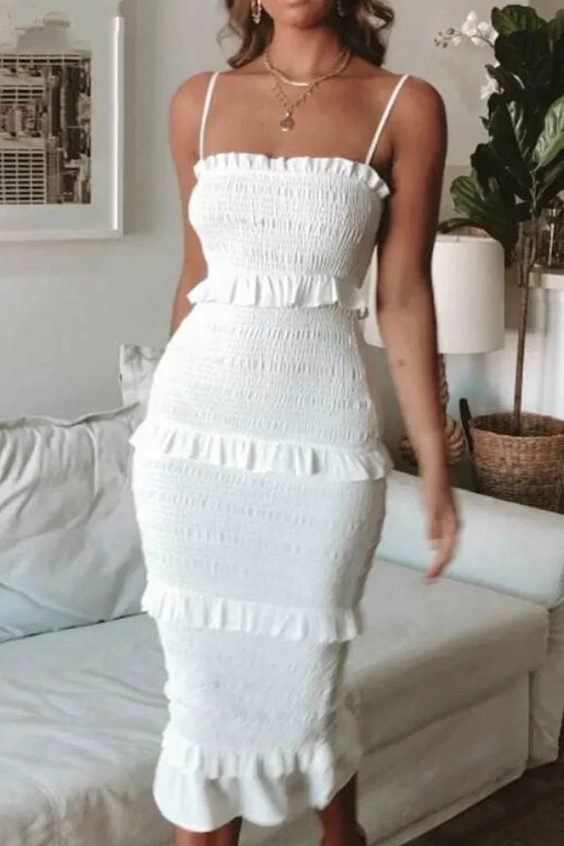 Fashion Solid Patchwork Flounce Spaghetti Strap Straight Dresses(5 Colors)