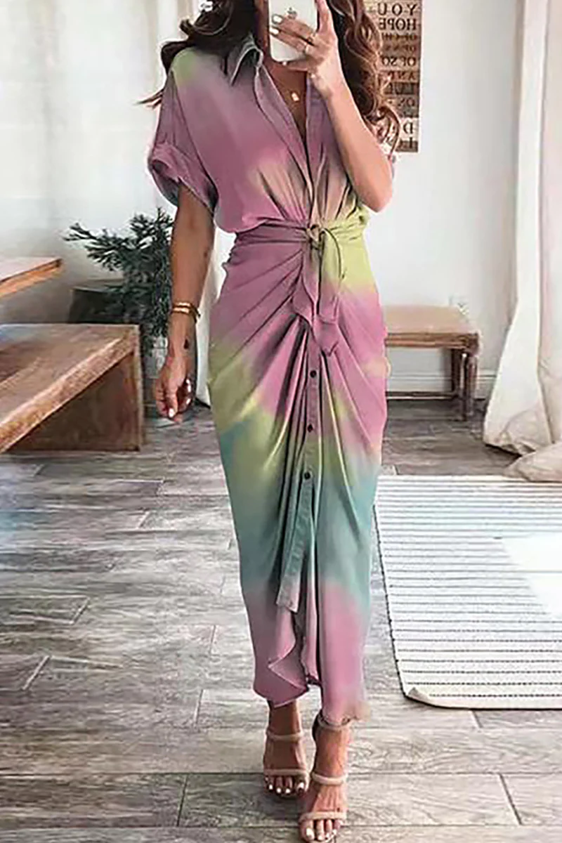 Elegant Print Frenulum Buckle Turndown Collar Pencil Skirt Dresses(7 Colors)