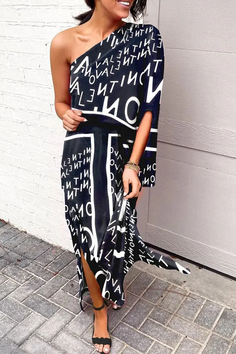 Casual Print One Shoulder Waist Skirt Dresses(5 Colors)