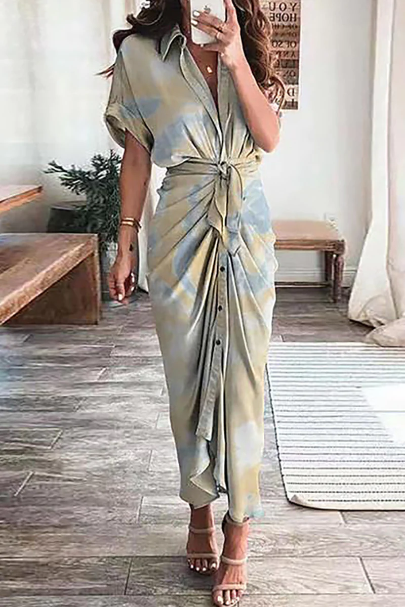 Elegant Print Frenulum Buckle Turndown Collar Pencil Skirt Dresses(7 Colors)