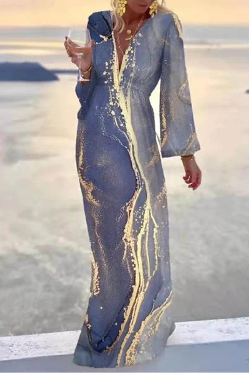 Casual Print Patchwork V Neck Printed Dress Dresses(3 Colors)