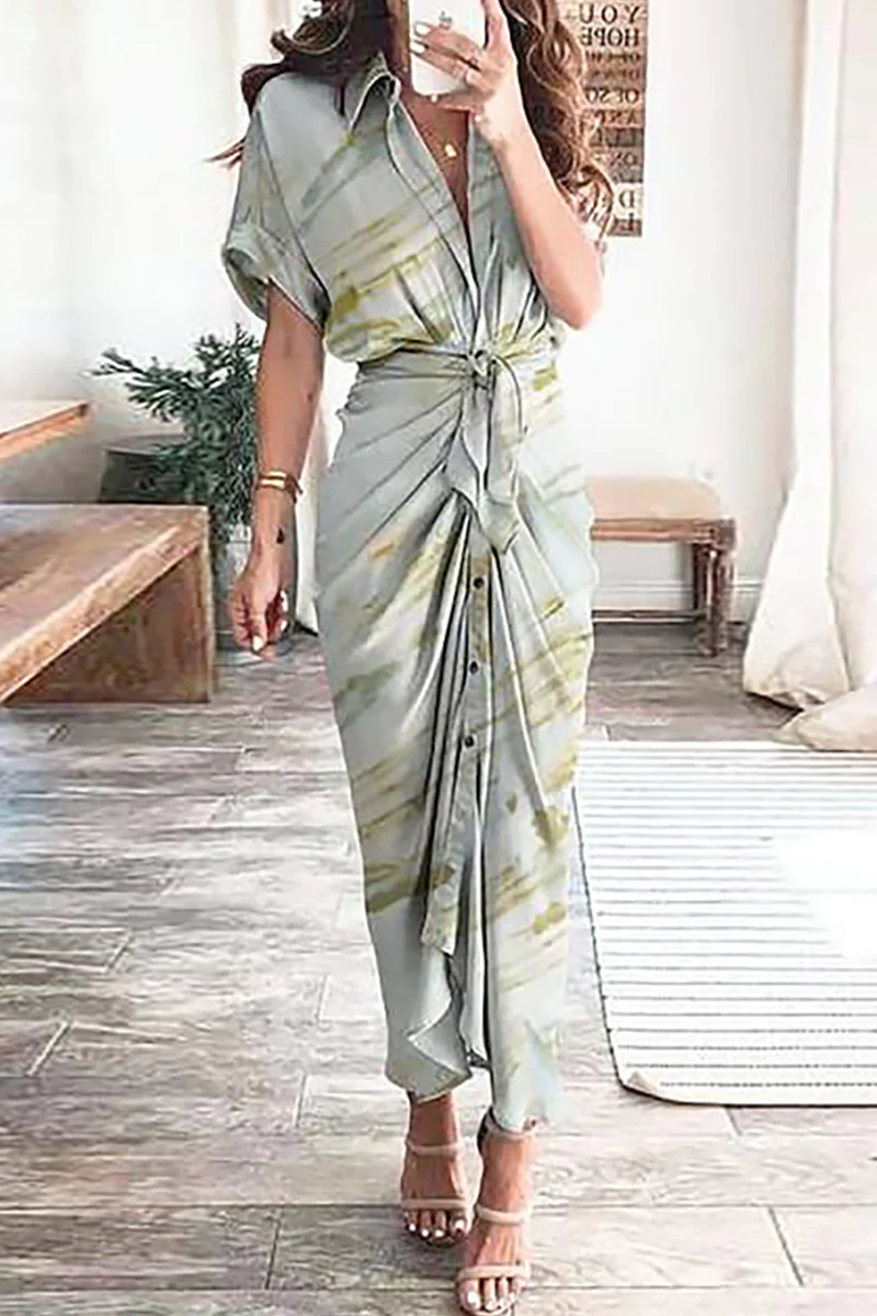 Elegant Print Frenulum Buckle Turndown Collar Pencil Skirt Dresses(7 Colors)